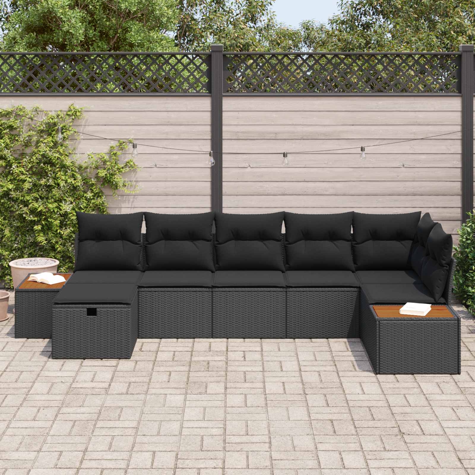 Garten-Sofa-Set mit Kissen 7 pcs Schwarz Poly Rattan