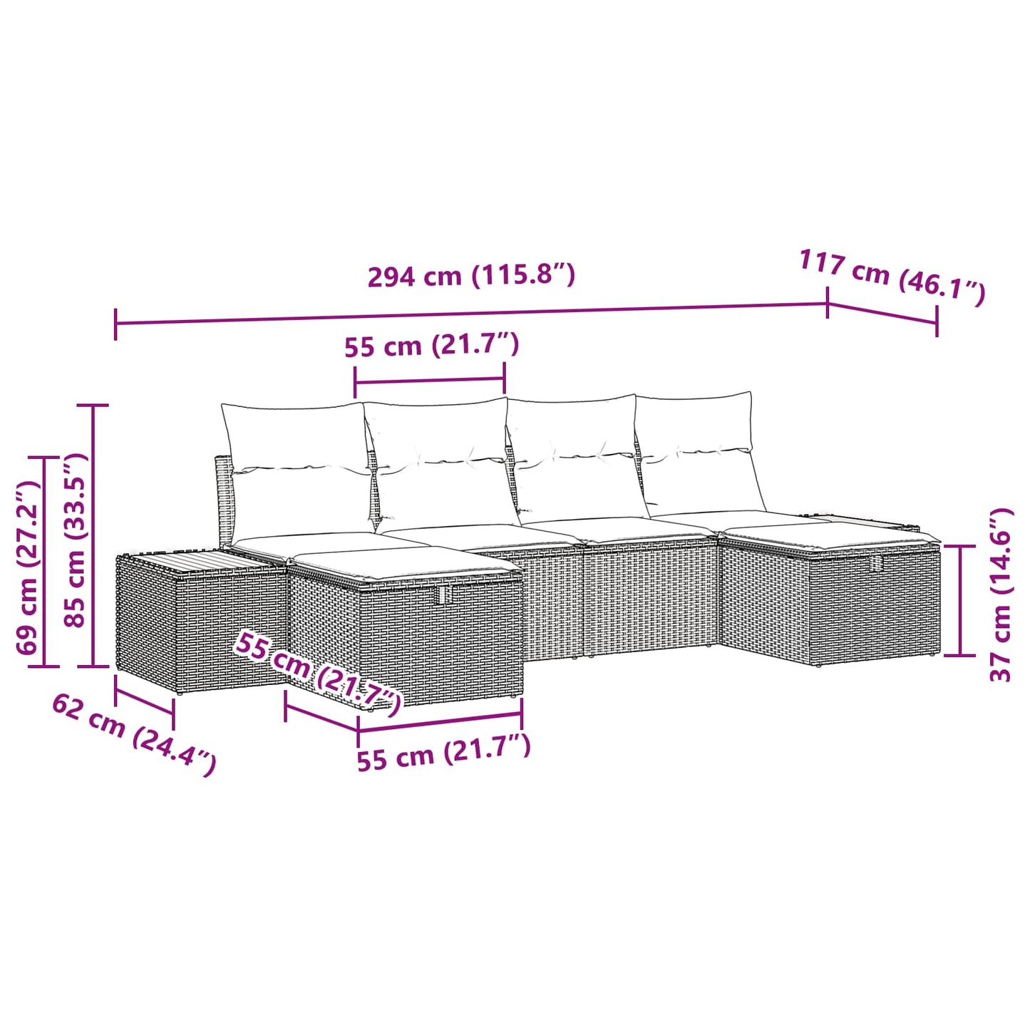 Gartensofa-set 6 stk. Schwarz Poly-Rattan