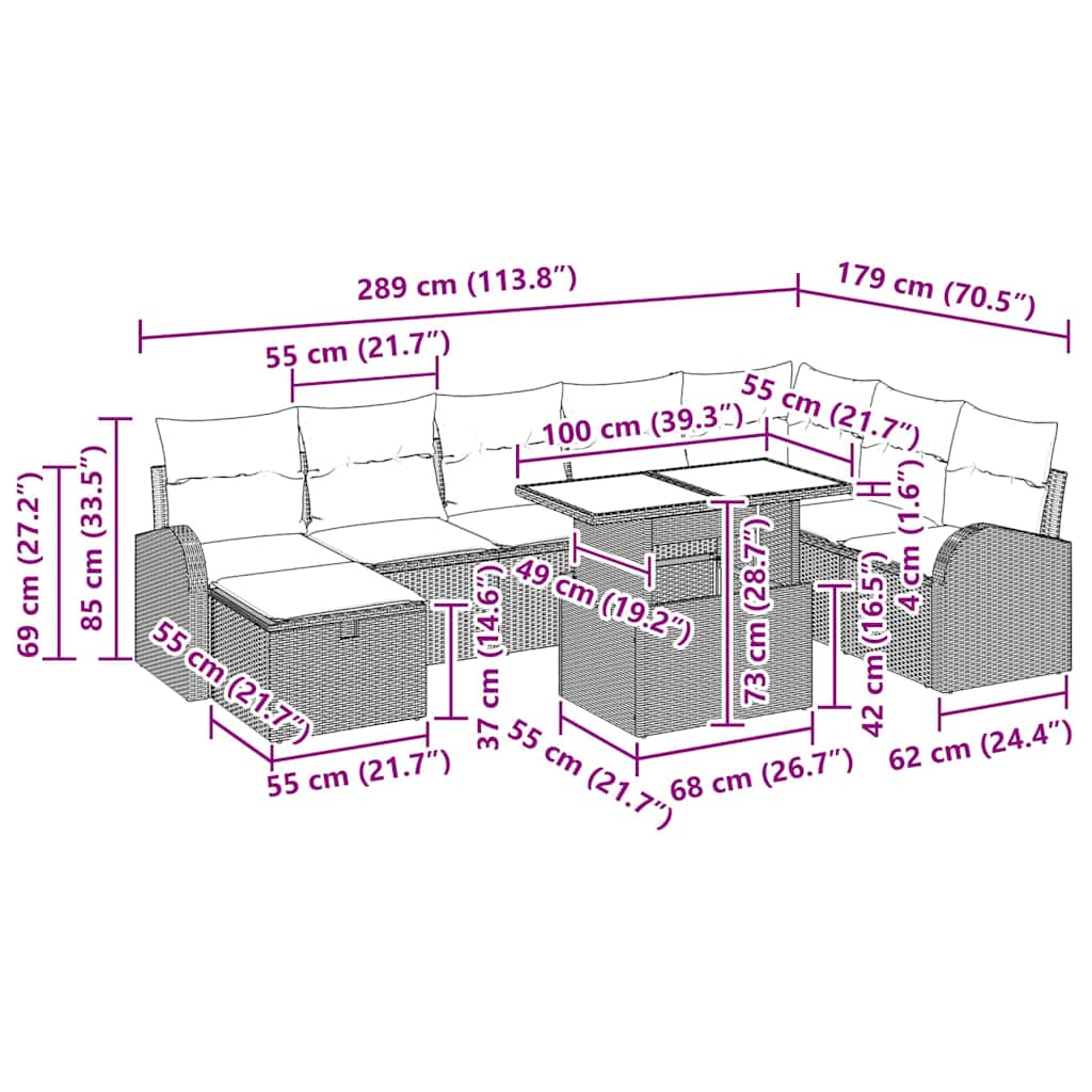Gartensofa-set 9 stk. Grau Poly-Rattan