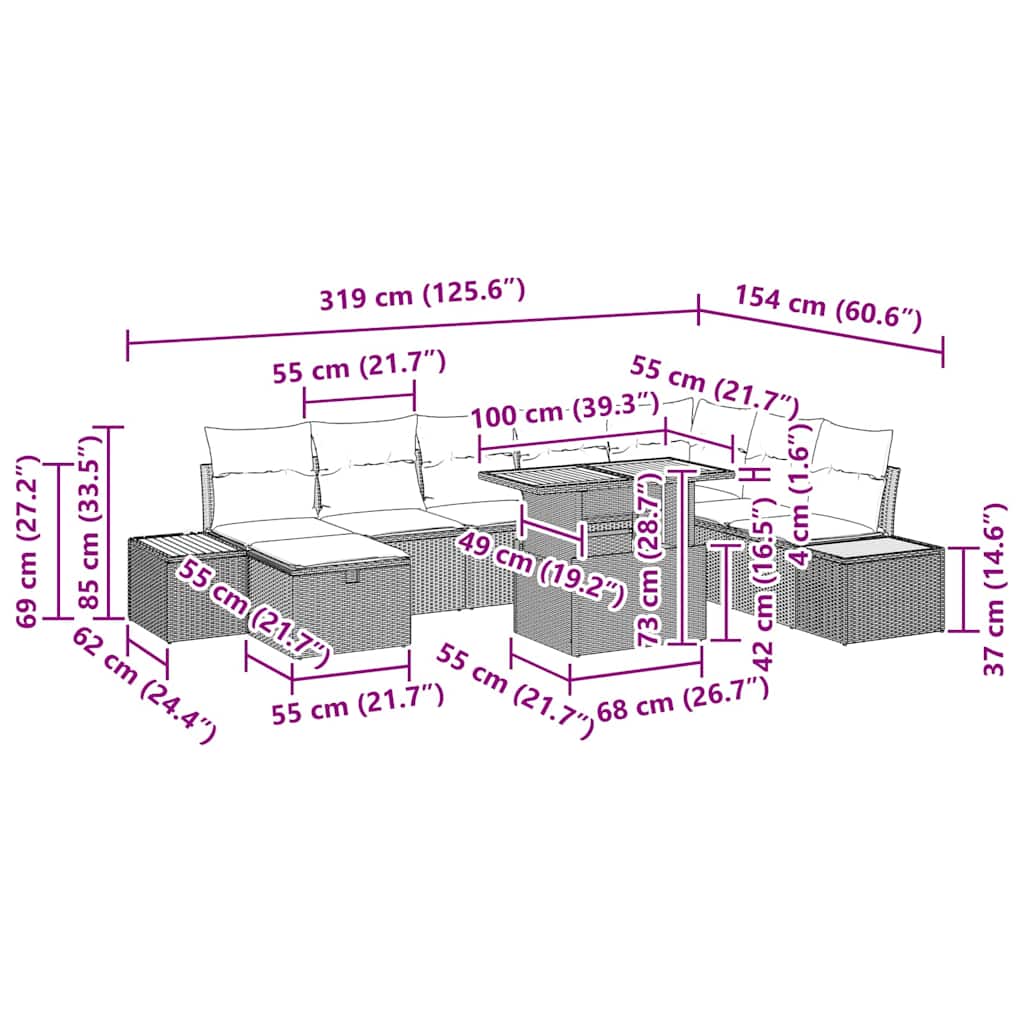 Gartensofa-set 9 stk. Grau Poly-Rattan