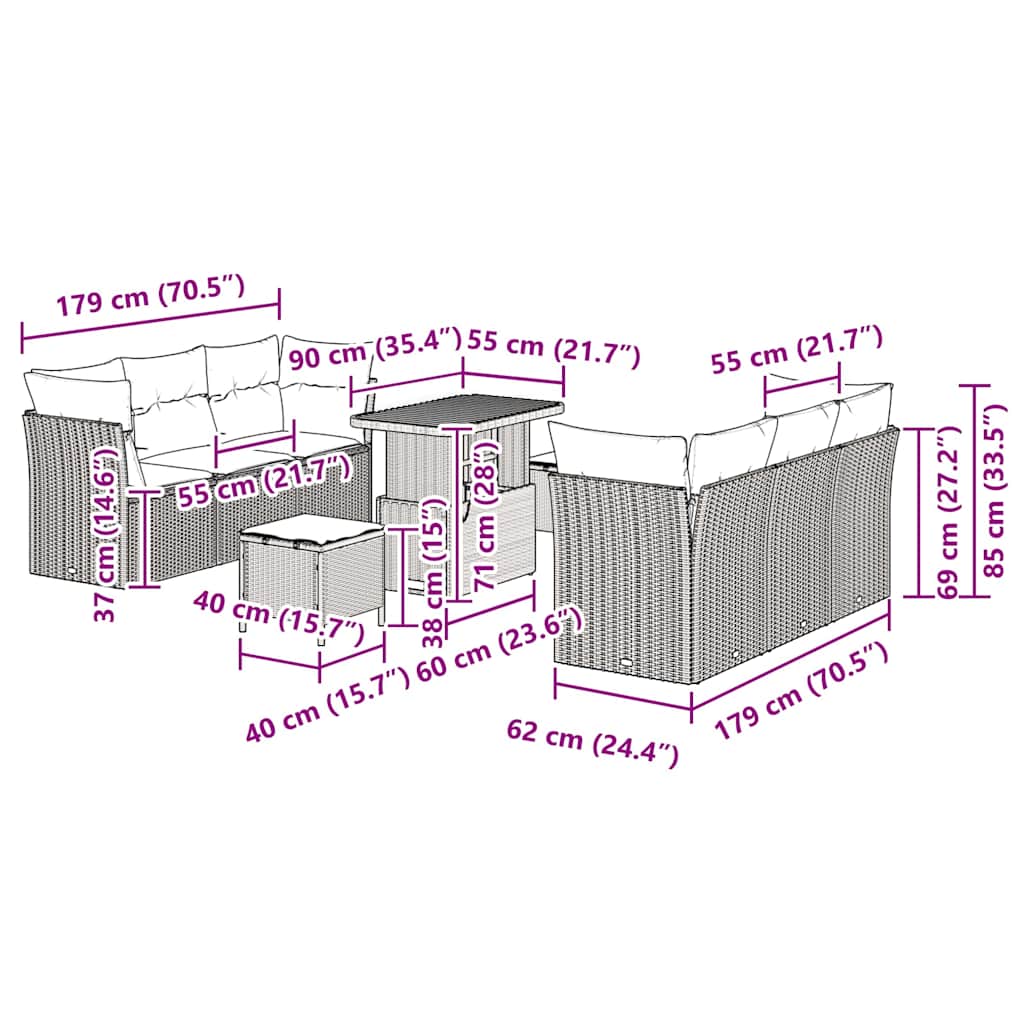 Gartensofa-set 9 stk. Schwarz Poly-Rattan