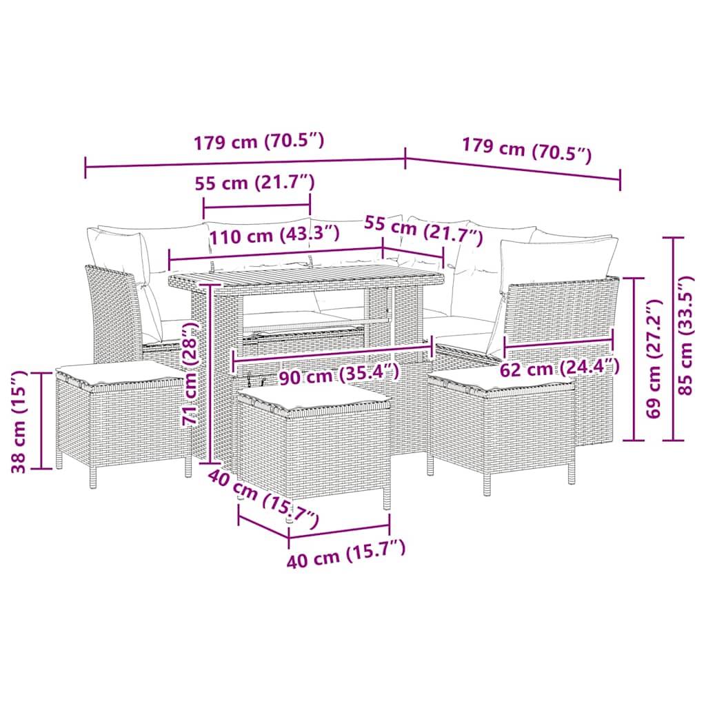 Gartensofa-set 9 stk. Schwarz Poly-Rattan