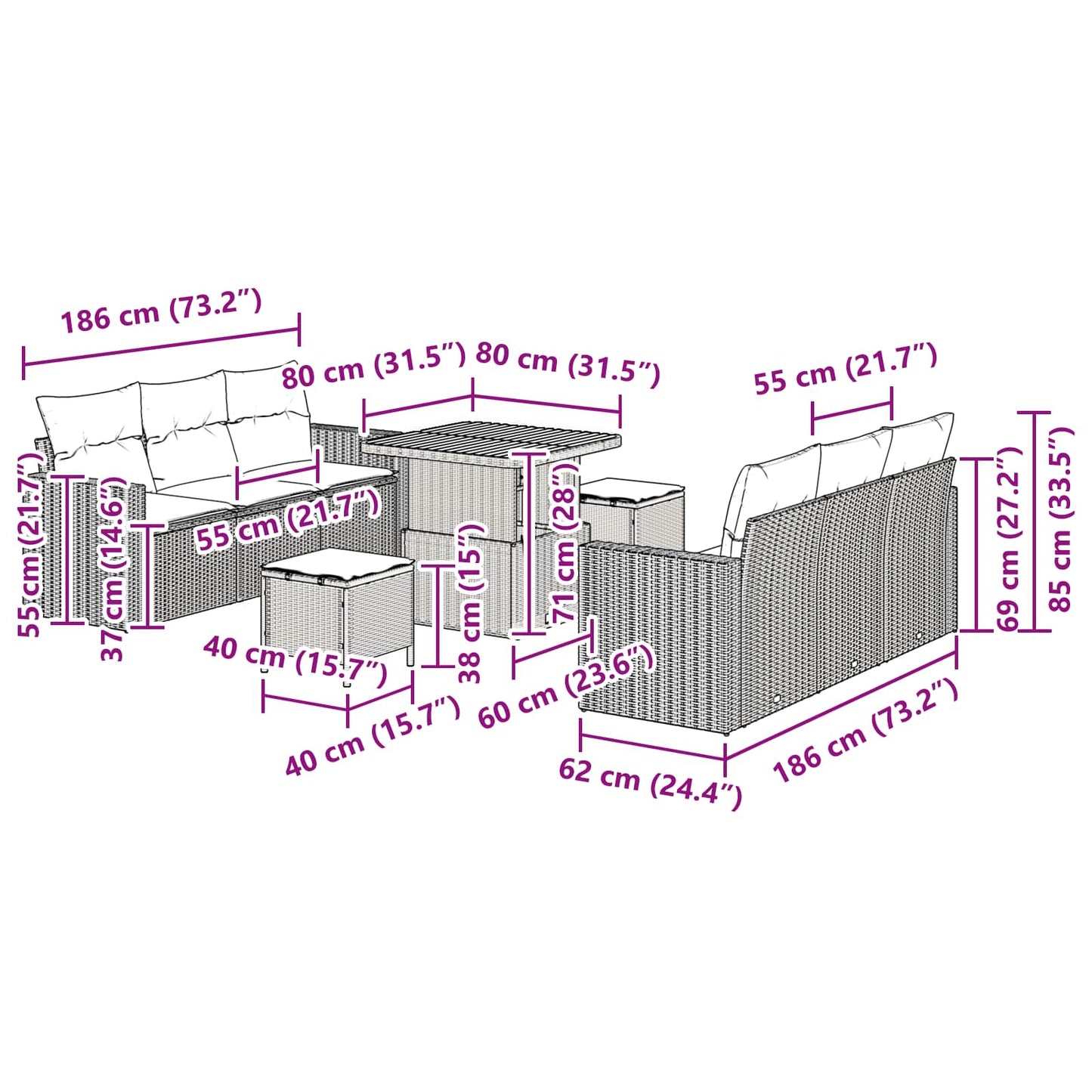 Gartensofa-set 9 stk. Schwarz Poly-Rattan