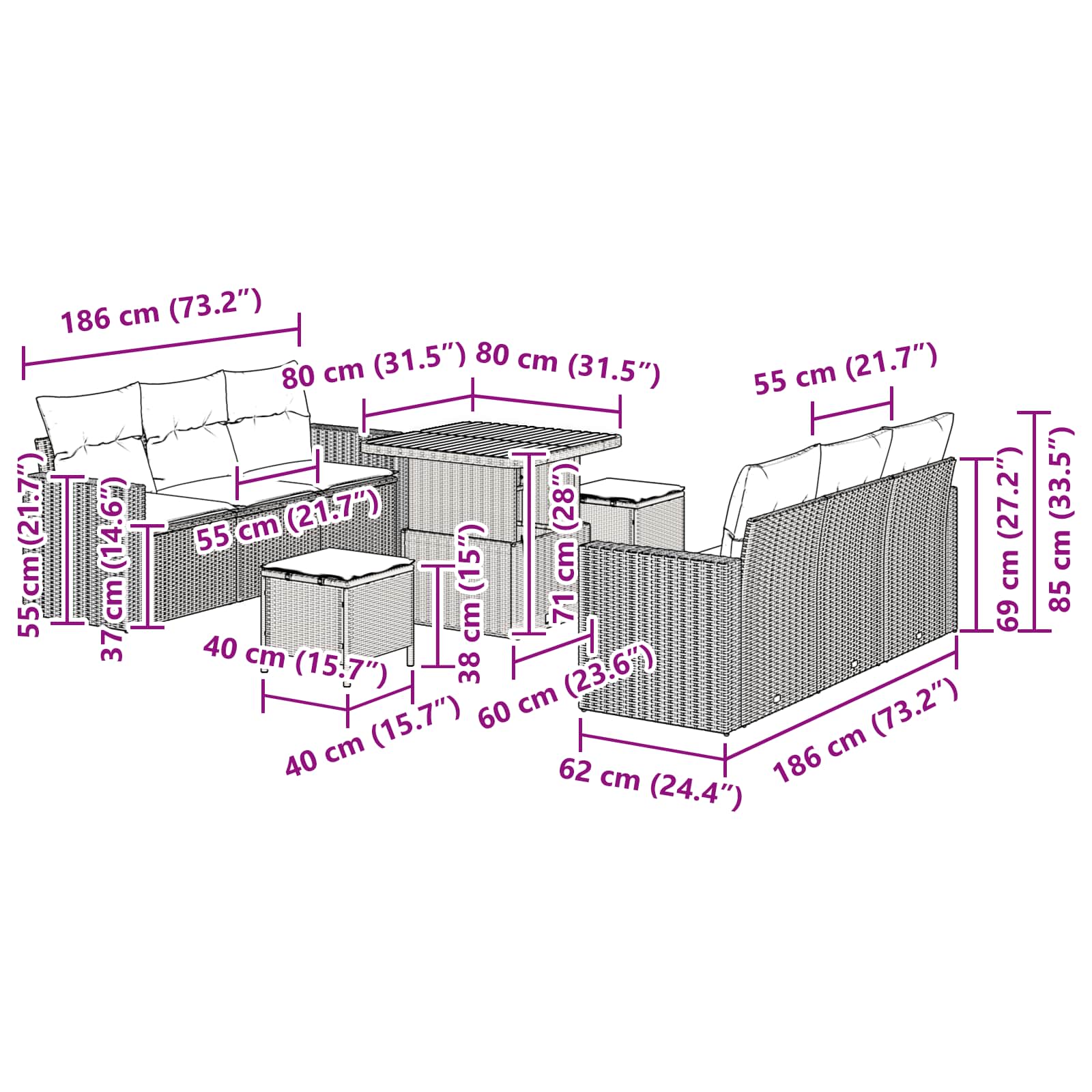 Gartensofa-set 9 stk. Schwarz Poly-Rattan