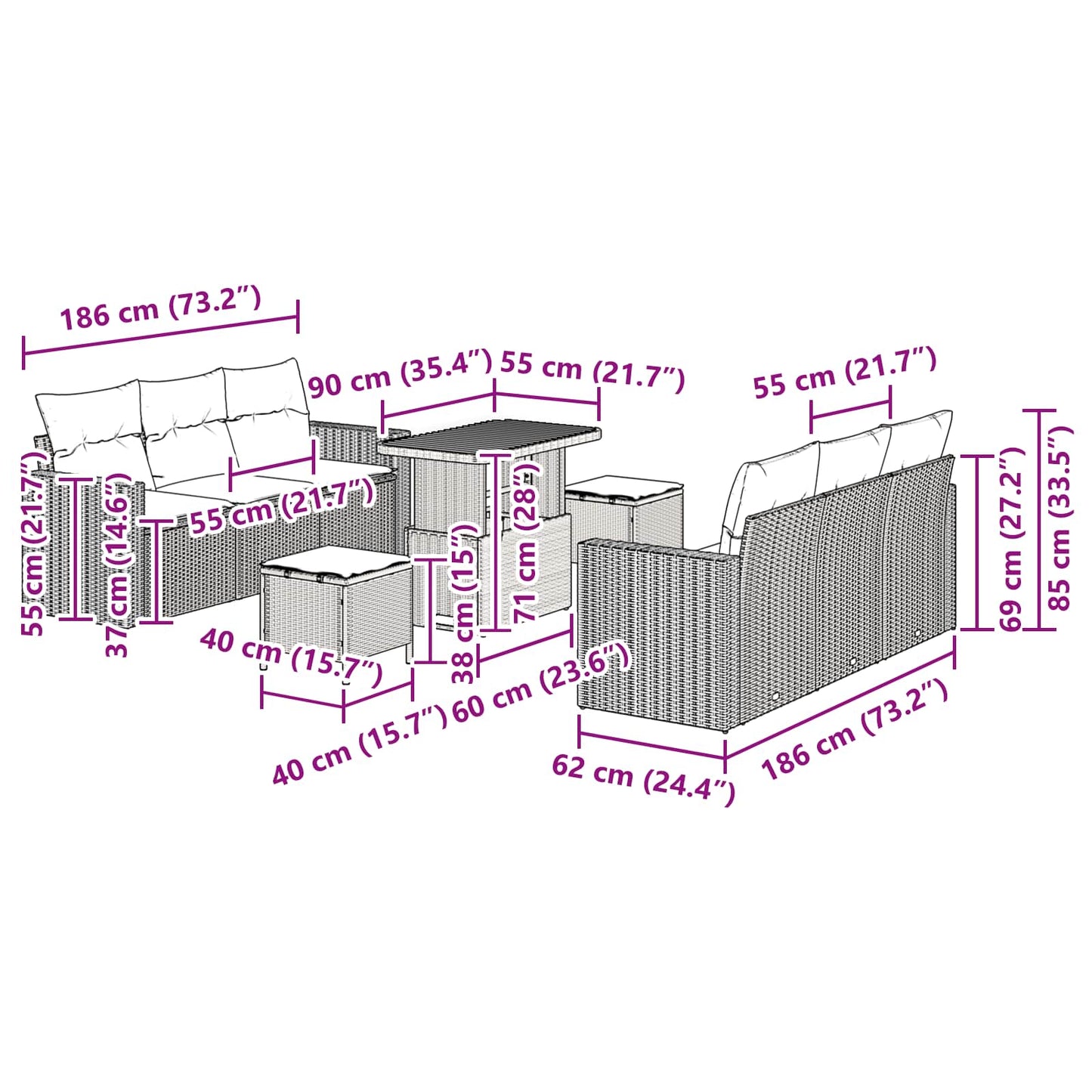 Gartensofa-set 9 stk. Schwarz Poly-Rattan