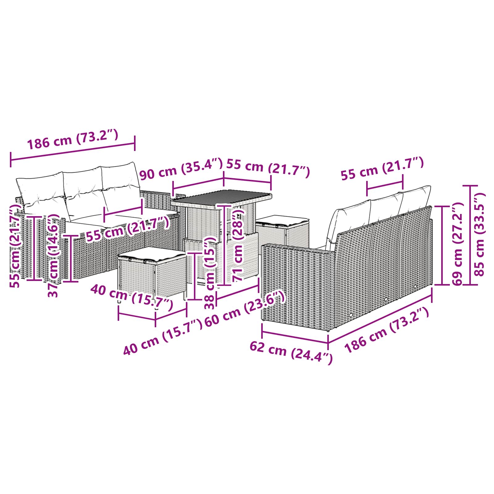Gartensofa-set 9 stk. Schwarz Poly-Rattan