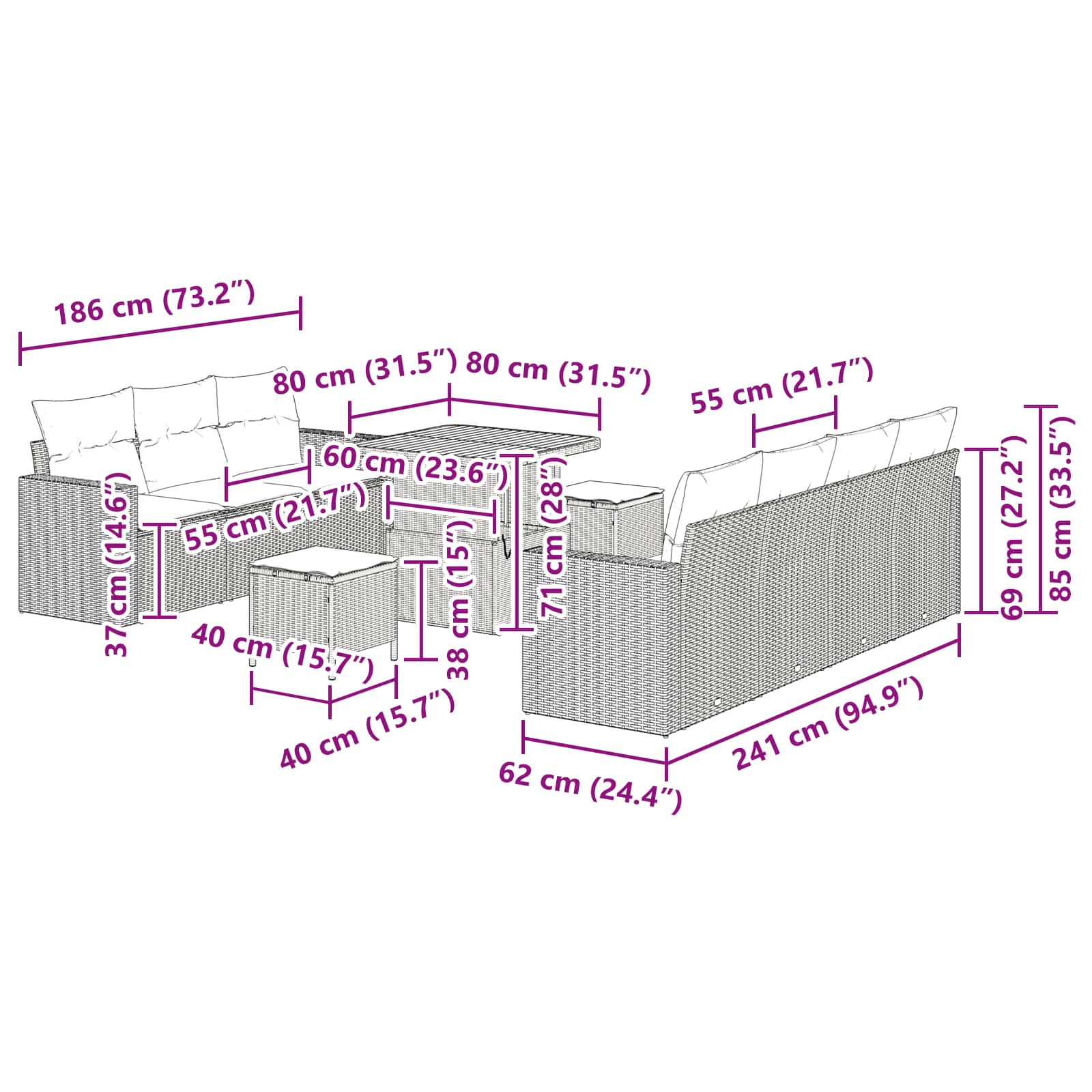 Gartensofa-set 10 stk. Schwarz Poly-Rattan