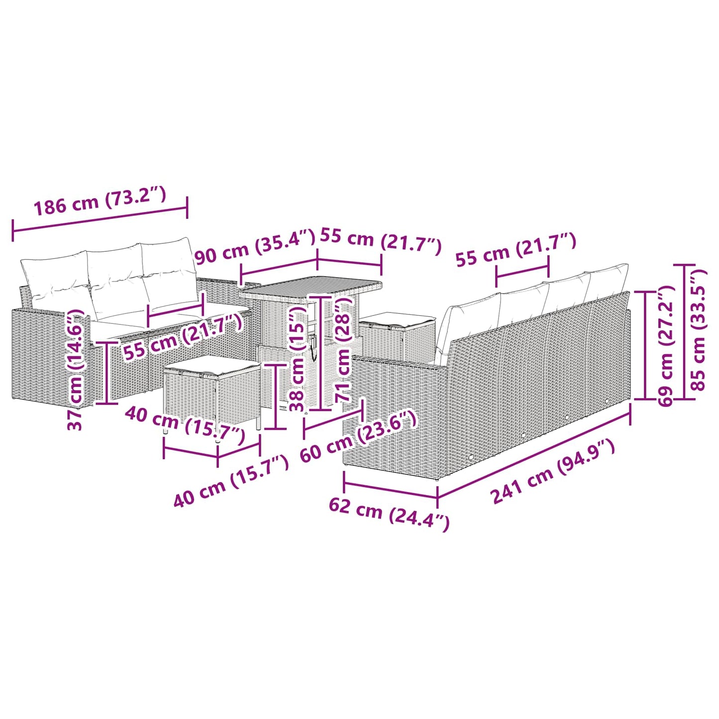 Gartensofa-set 10 stk. Schwarz Poly-Rattan