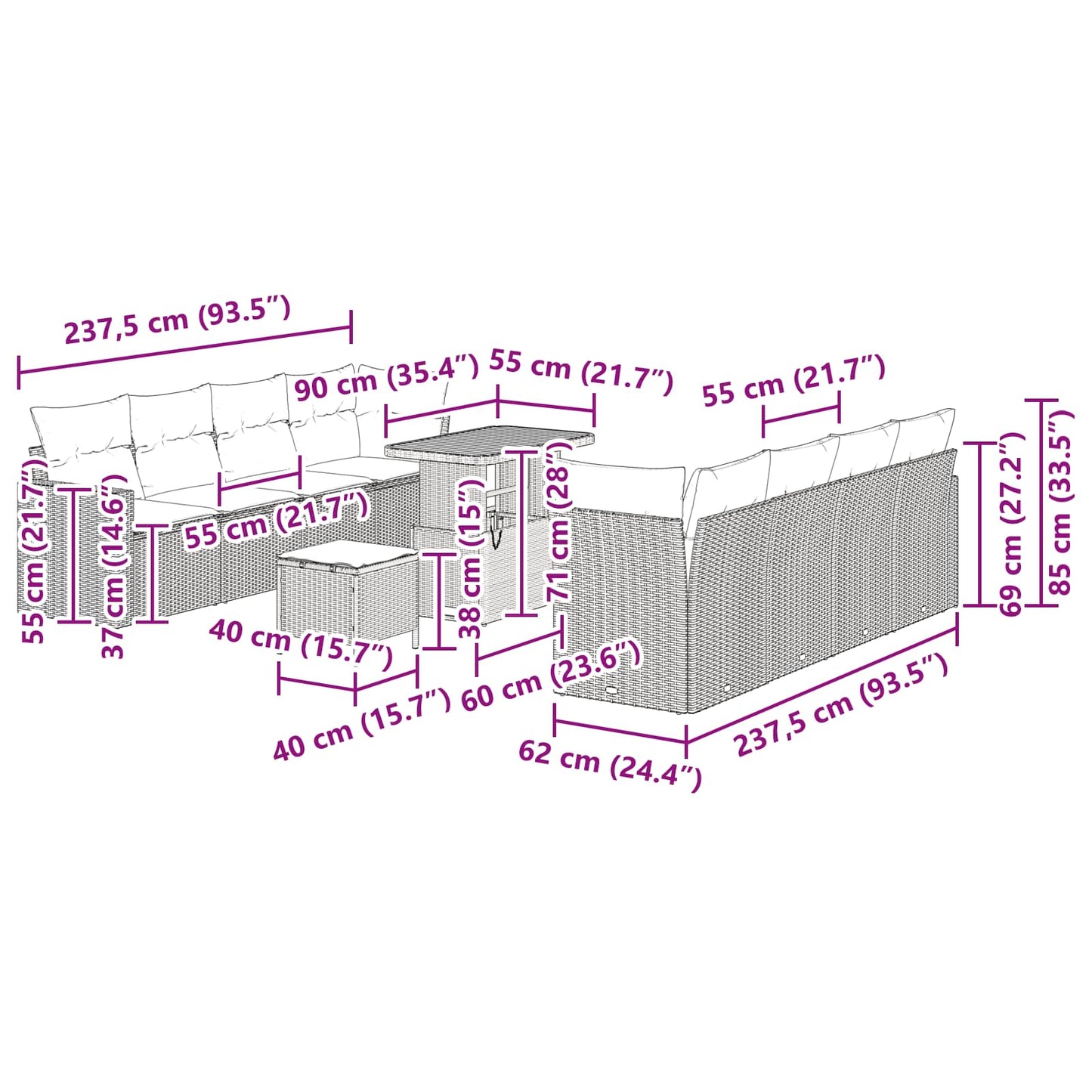 Gartensofa-set 11 stk. Schwarz Poly-Rattan
