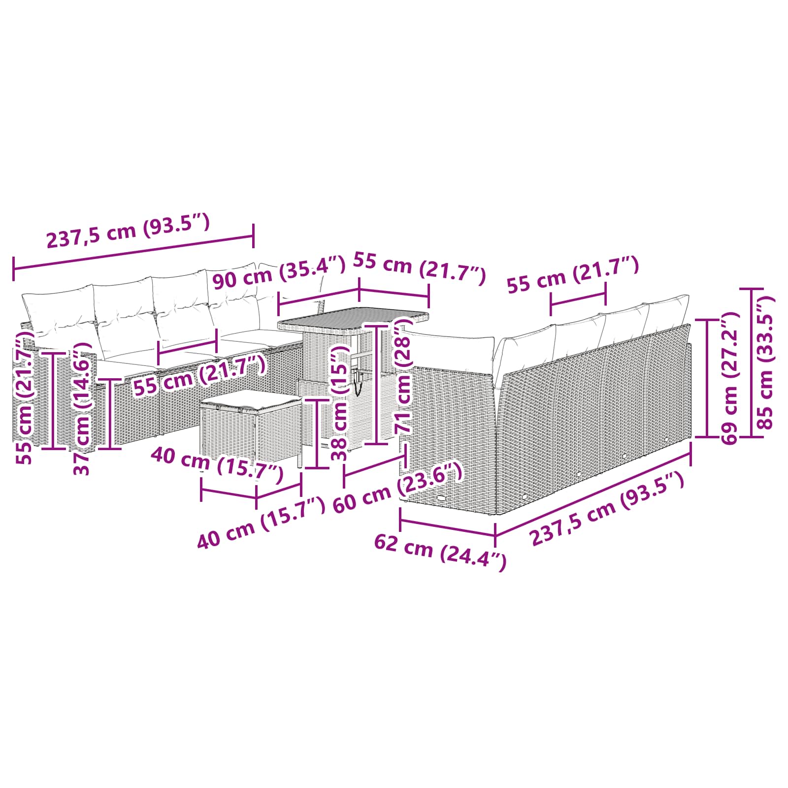 Gartensofa-set 11 stk. Schwarz Poly-Rattan