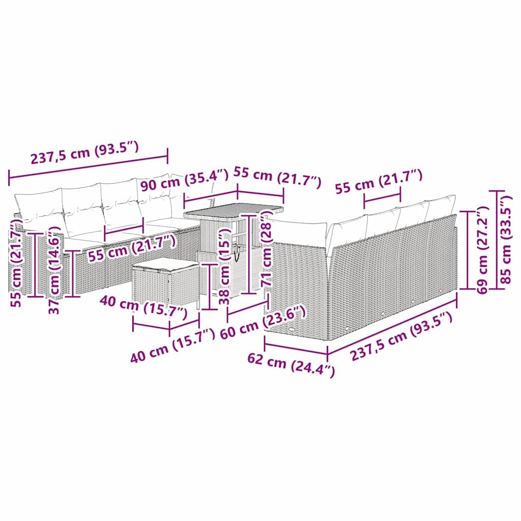 Gartensofa-set 11 stk. Schwarz Poly-Rattan