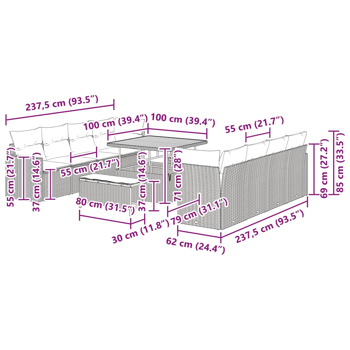 Gartensofa-set 11 stk. Schwarz Poly-Rattan