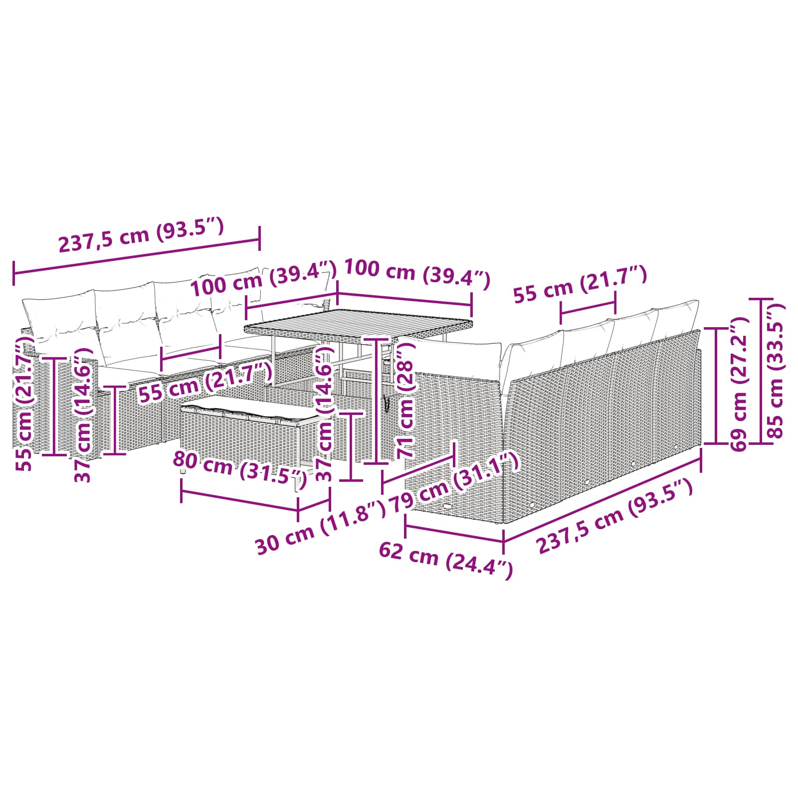 Gartensofa-set 11 stk. Schwarz Poly-Rattan