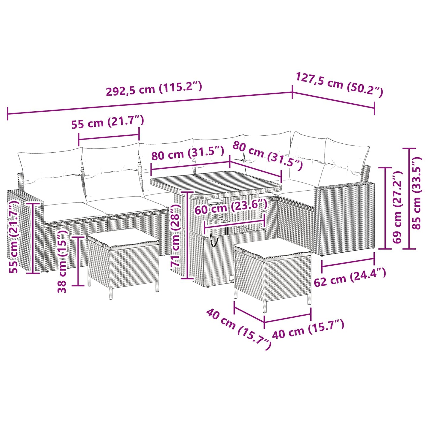 Gartensofa-set 9 stk. Schwarz Poly-Rattan