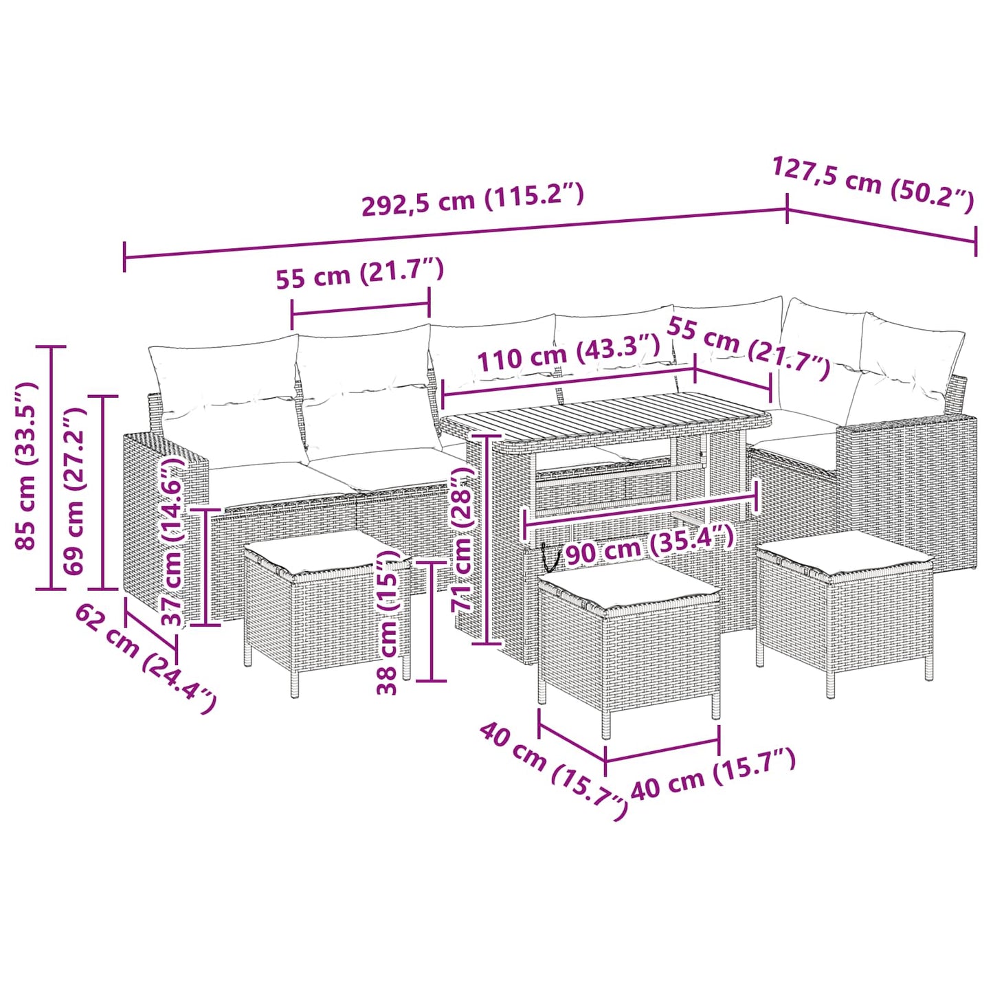 Gartensofa-set 10 stk. Schwarz Poly-Rattan