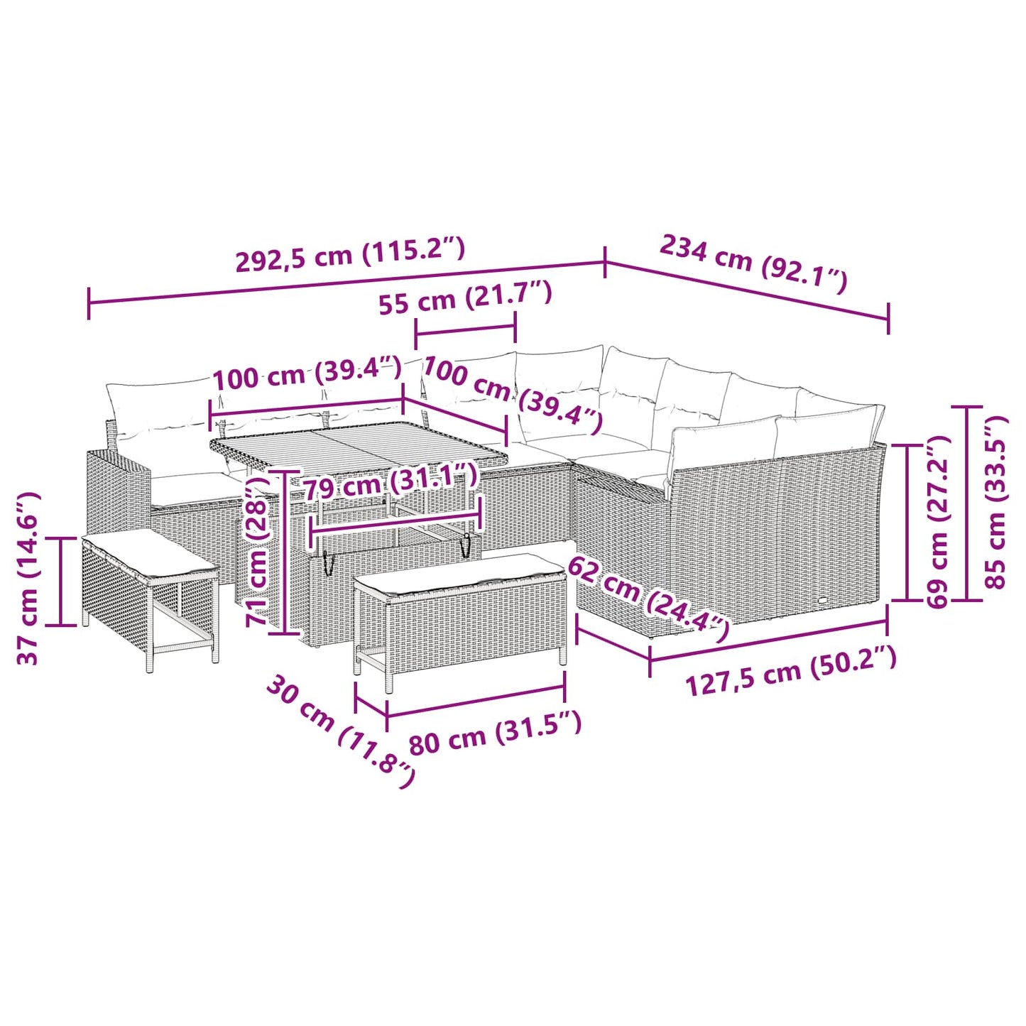 Gartensofa-set 12 stk. Schwarz Poly-Rattan