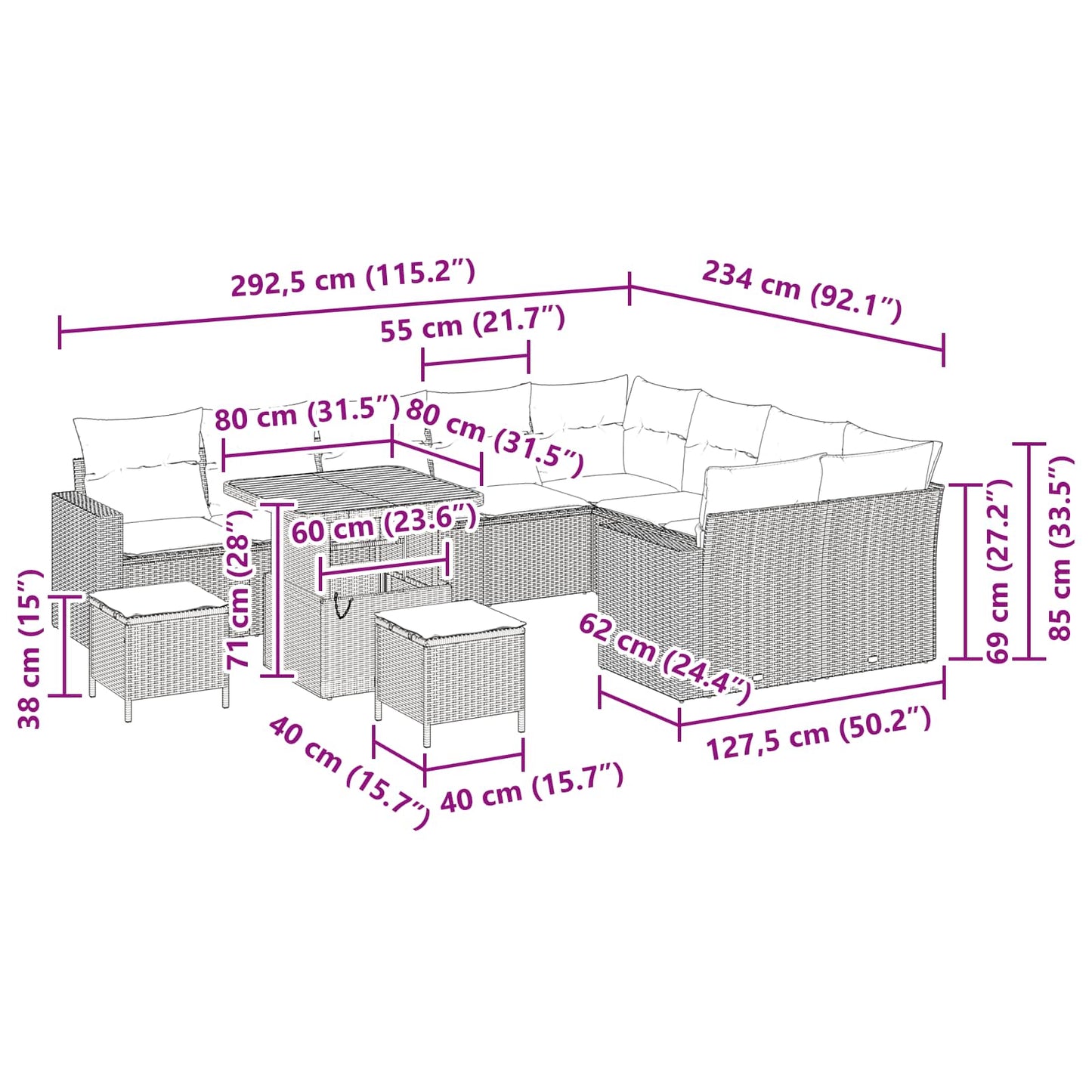 Gartensofa-set 12 stk. Schwarz Poly-Rattan