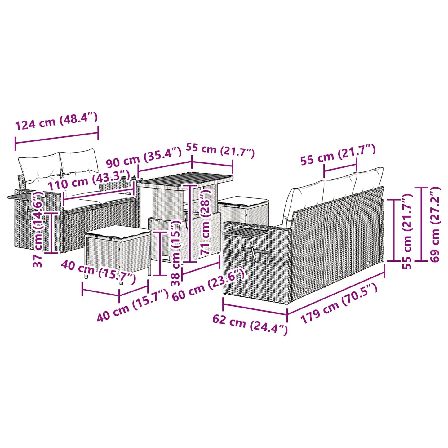 Gartensofa-set 8 stk. Schwarz Poly-Rattan