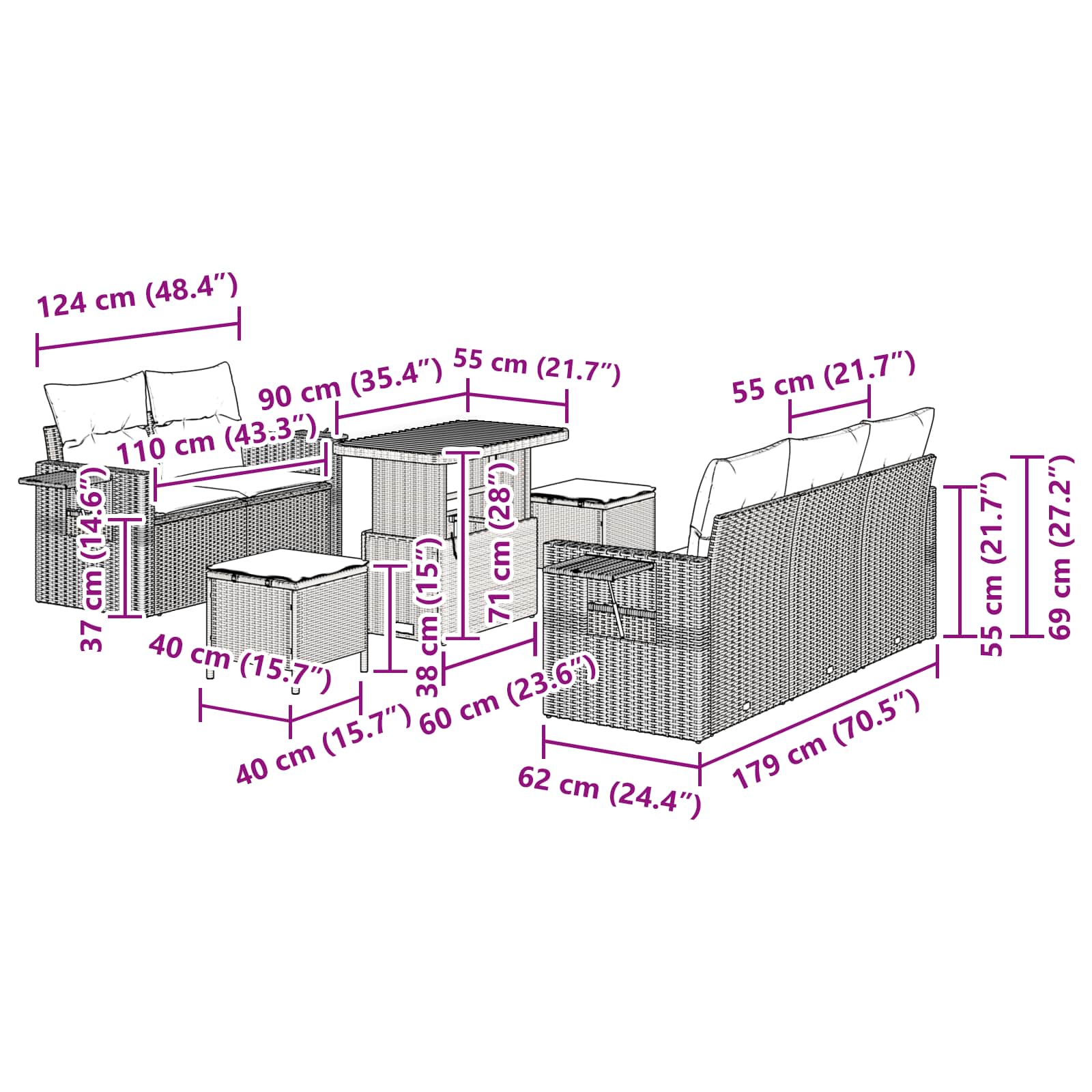 Gartensofa-set 8 stk. Schwarz Poly-Rattan