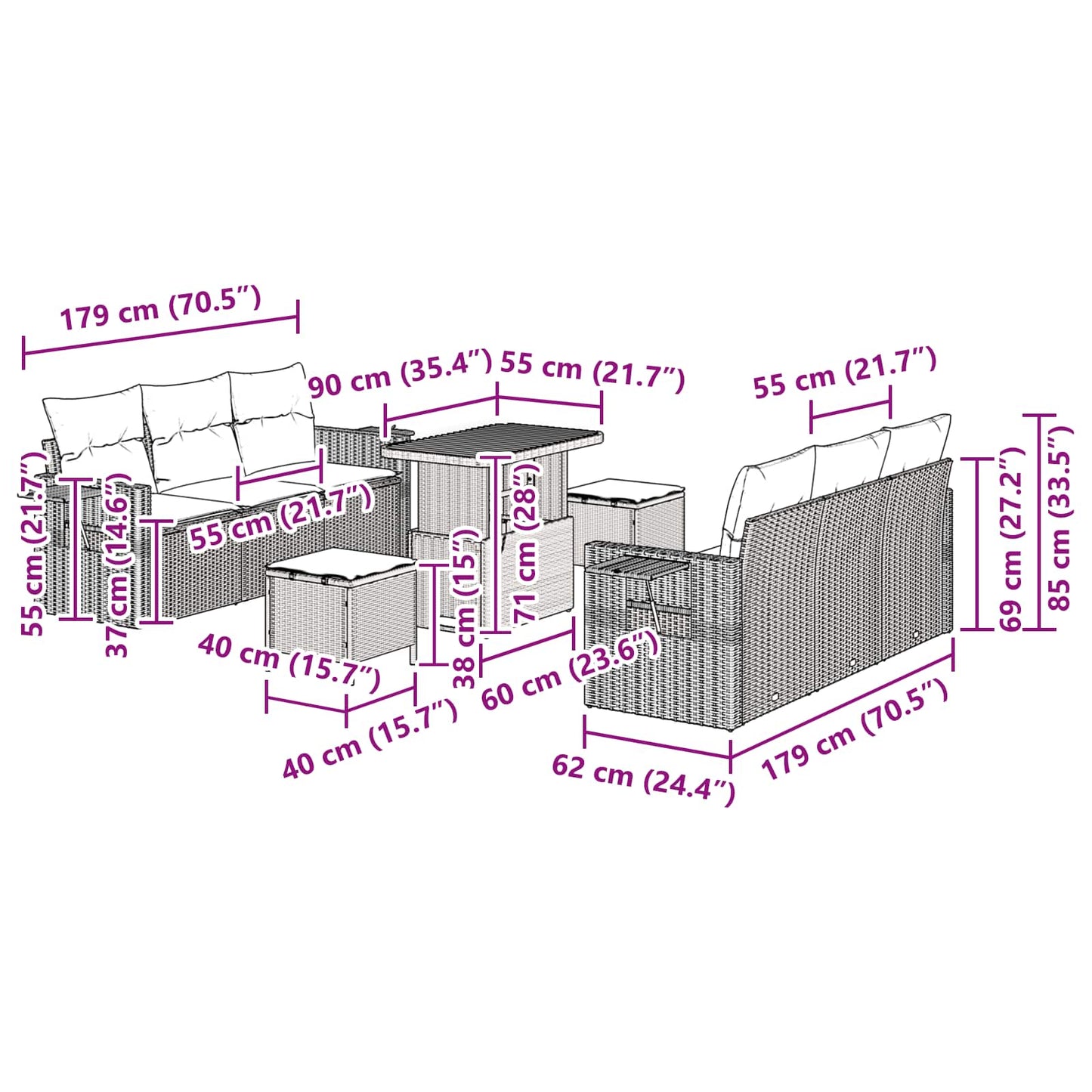 Gartensofa-set mit Kissen 9 pcs Schwarz Poly-Rattan