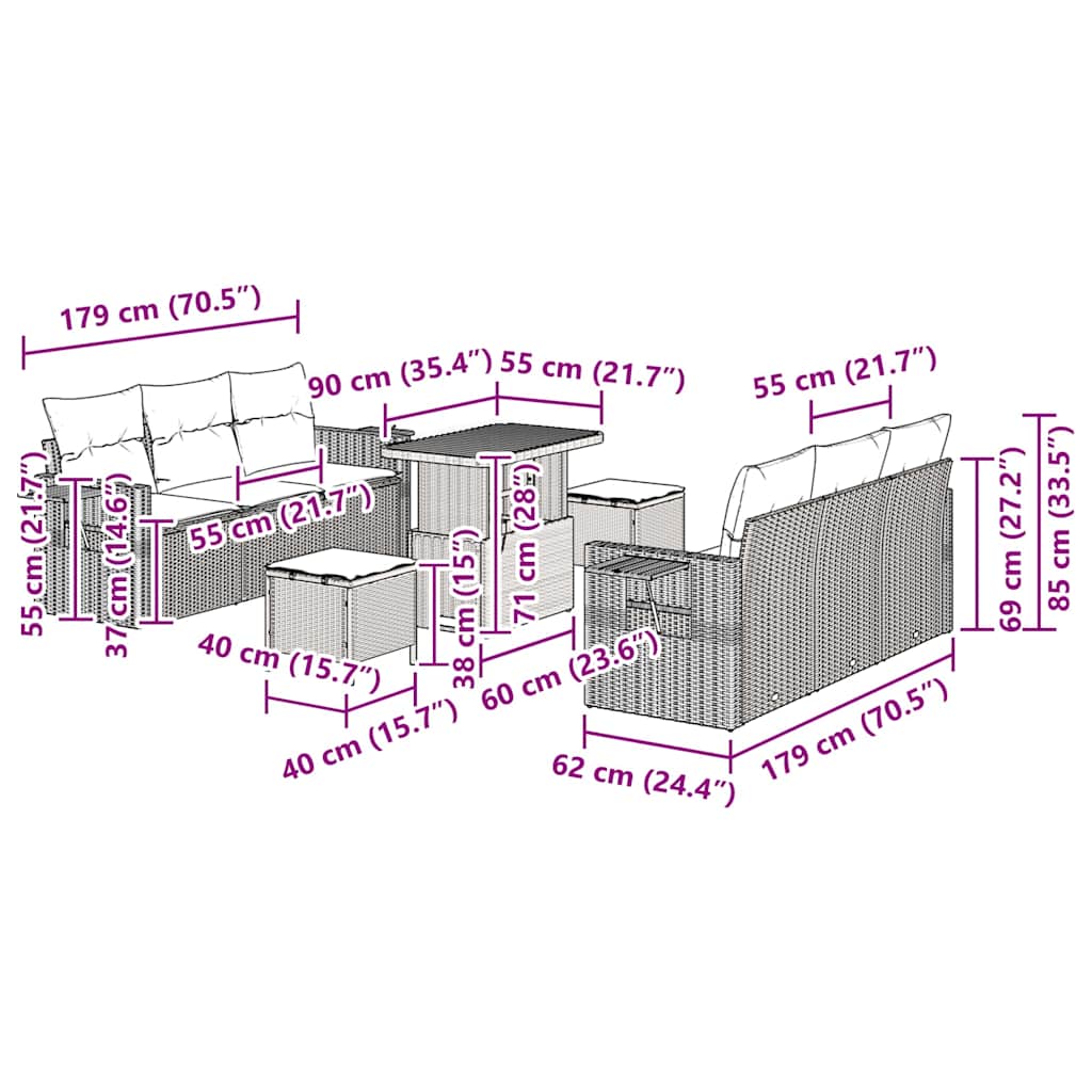 Gartensofa-set mit Kissen 9 pcs Schwarz Poly-Rattan