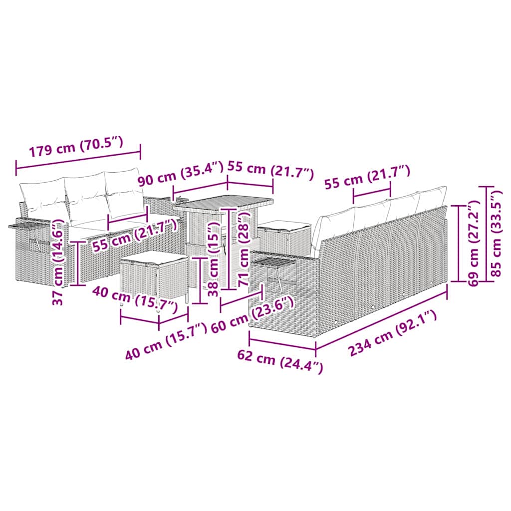 Gartensofa-set 10 Stk. Schwarz Poly-Rattan