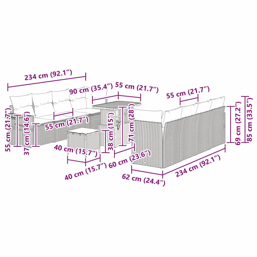 Gartensofa-set 11 stk. Schwarz Poly Rattan