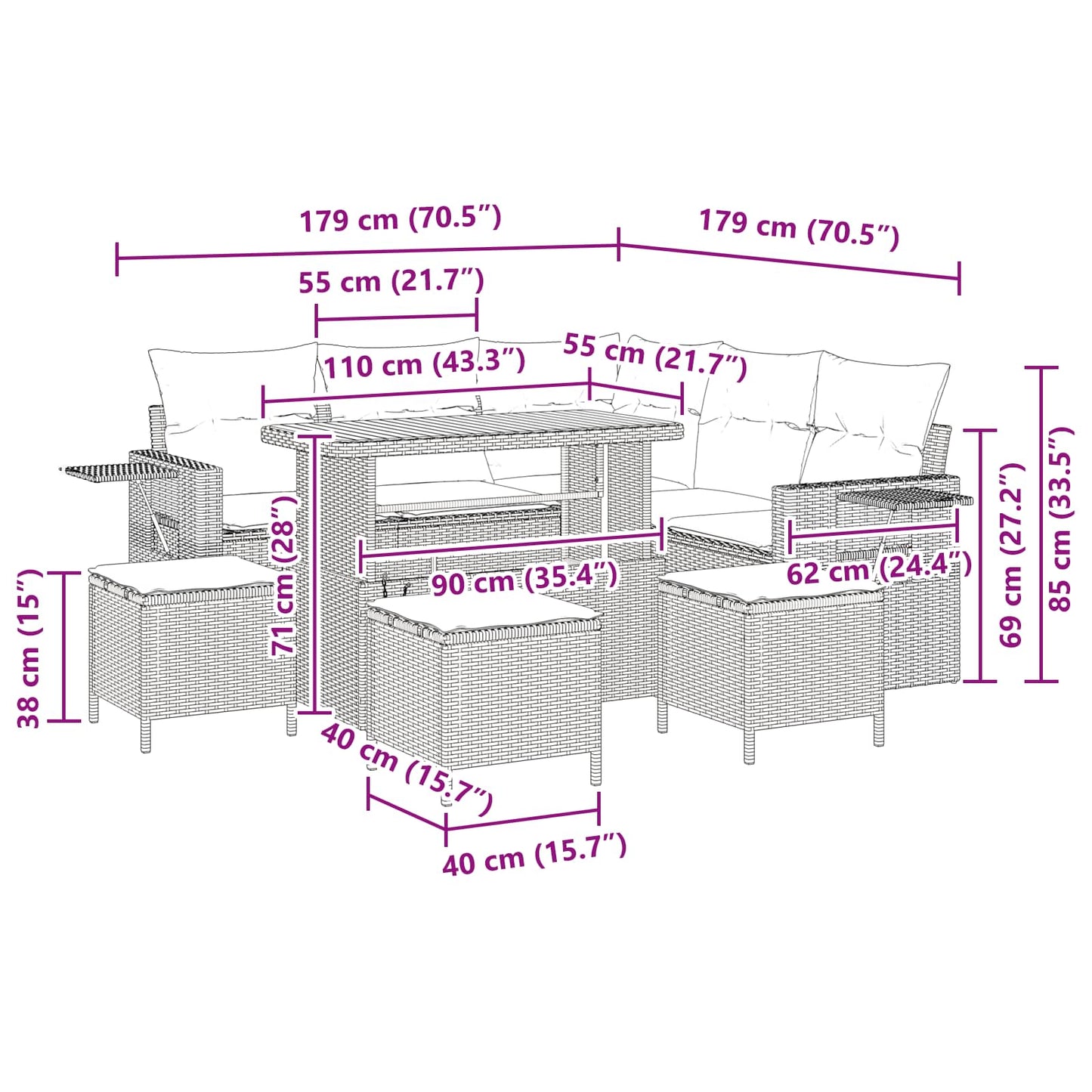 Gartensofa-set 9 stk. Schwarz Poly-Rattan