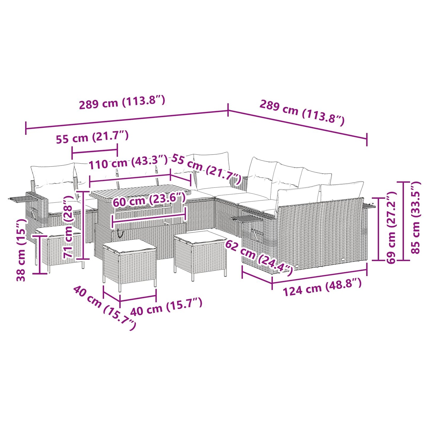 Gartensofa-set 14 Stk. Schwarz Poly-Rattan