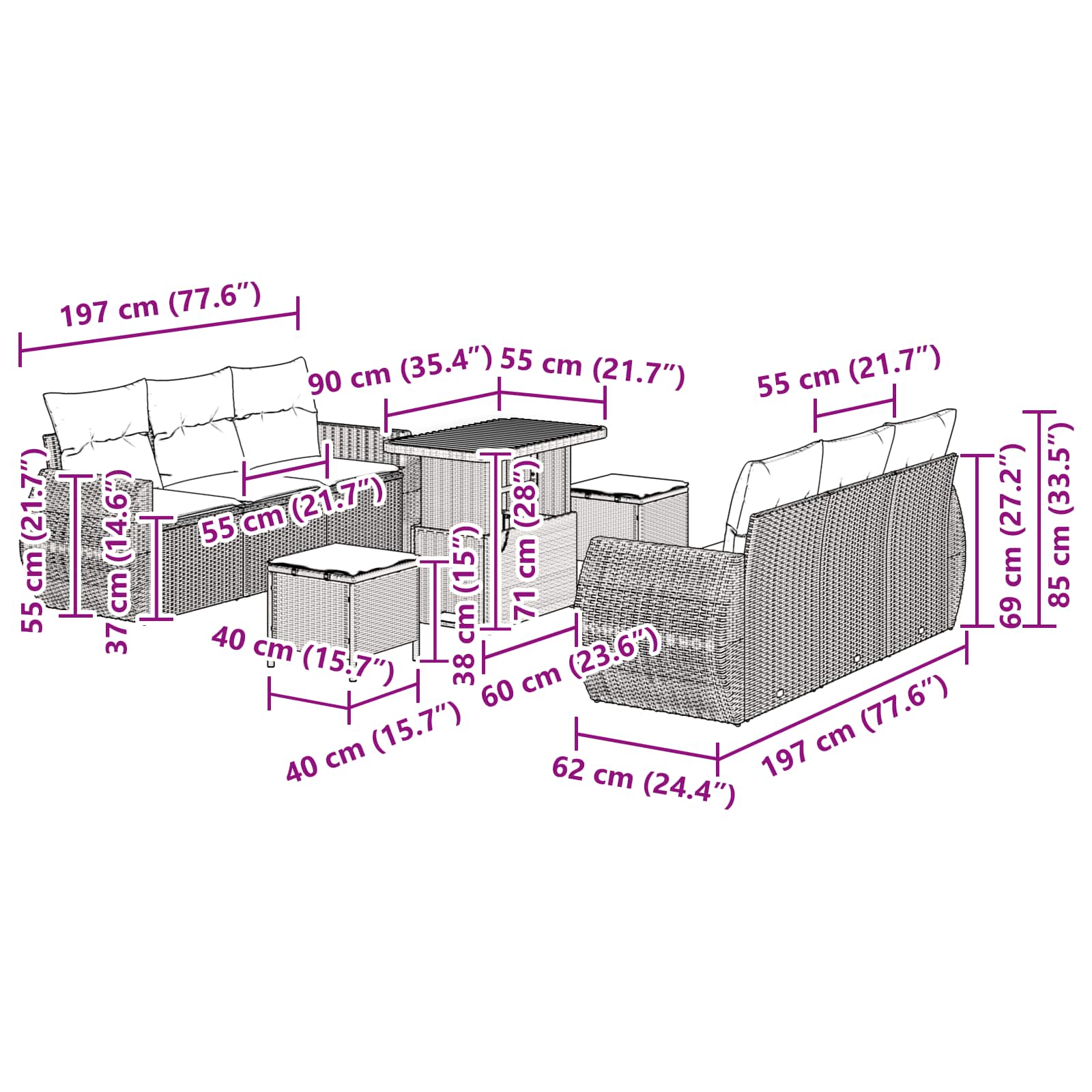 Gartensofa-set 9 stk. Schwarz Poly-Rattan