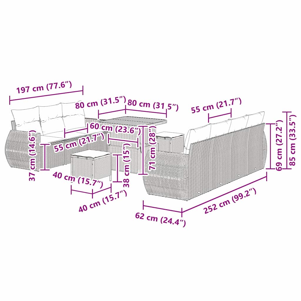 Gartensofa-set mit Kissen mit Speicher 10 pcs Beige Poly-Rattan