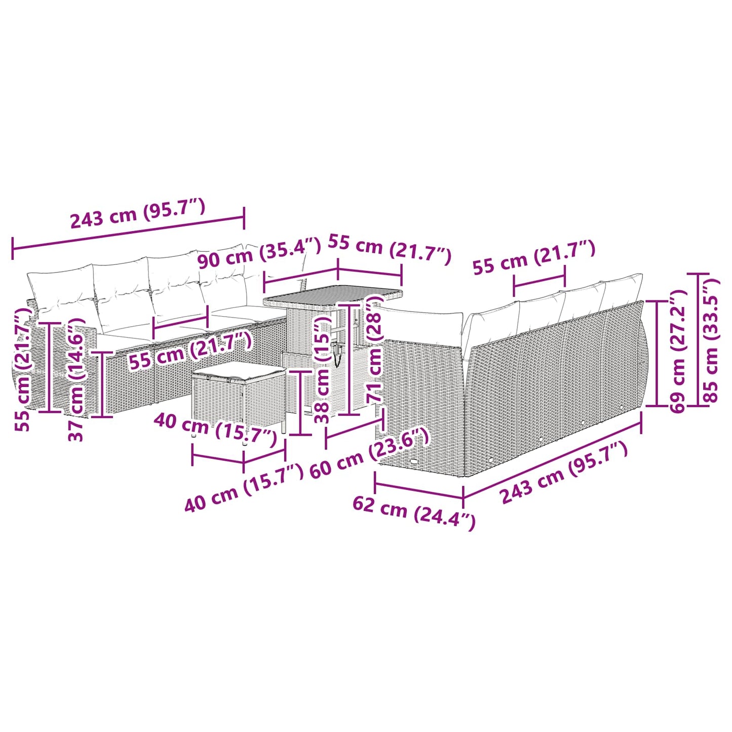Gartensofa-set 11 stk. Schwarz Poly-Rattan