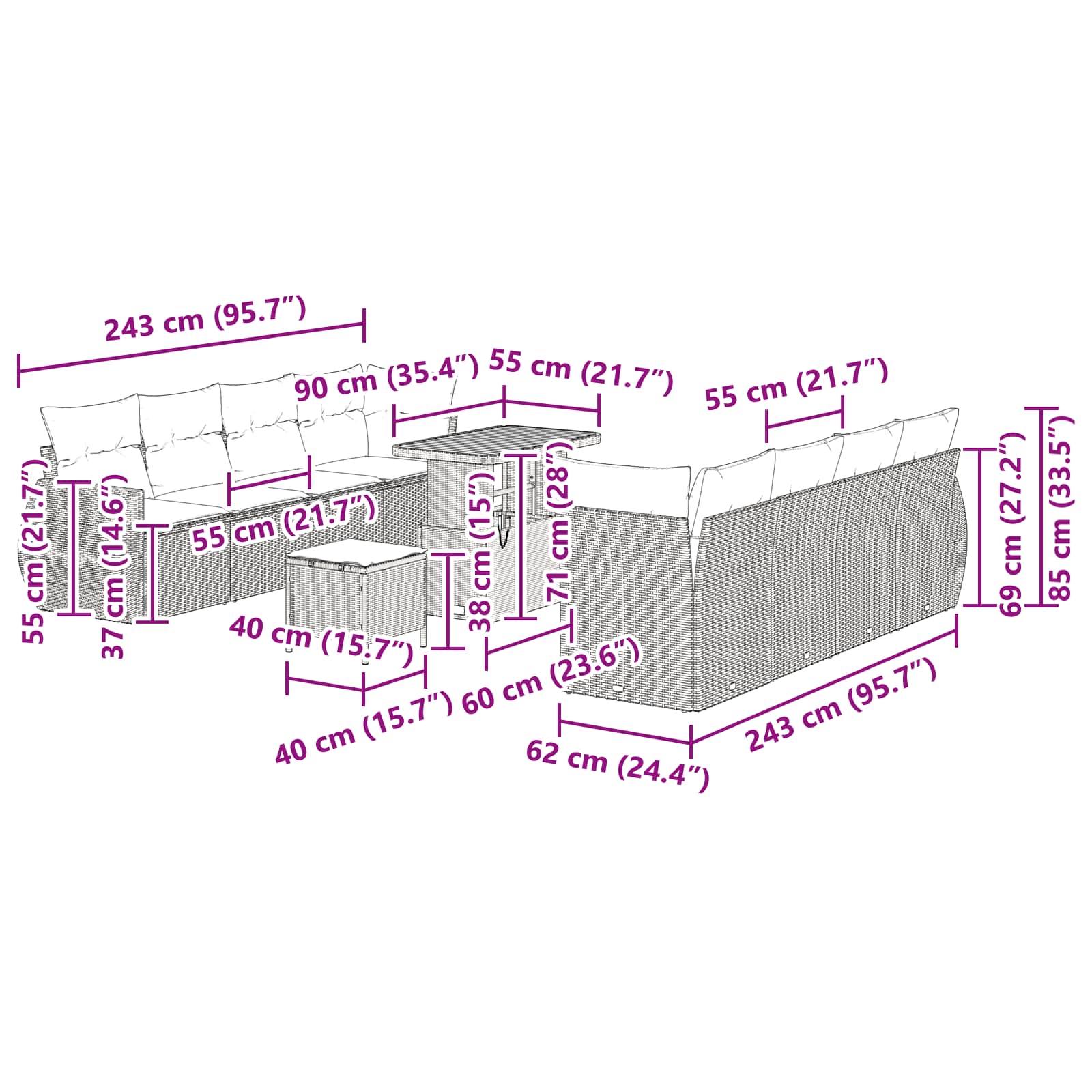 Gartensofa-set 11 stk. Schwarz Poly-Rattan
