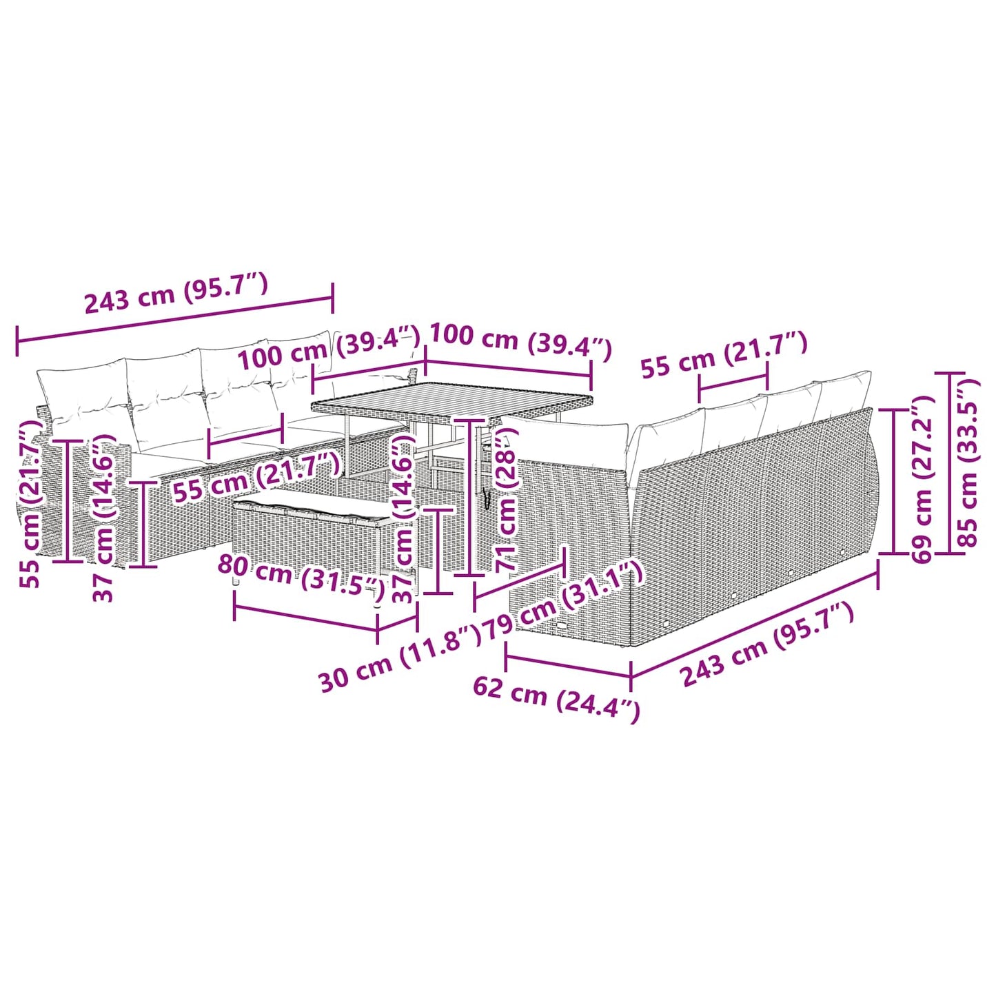 Gartensofa-set 11 stk. Schwarz Poly-Rattan