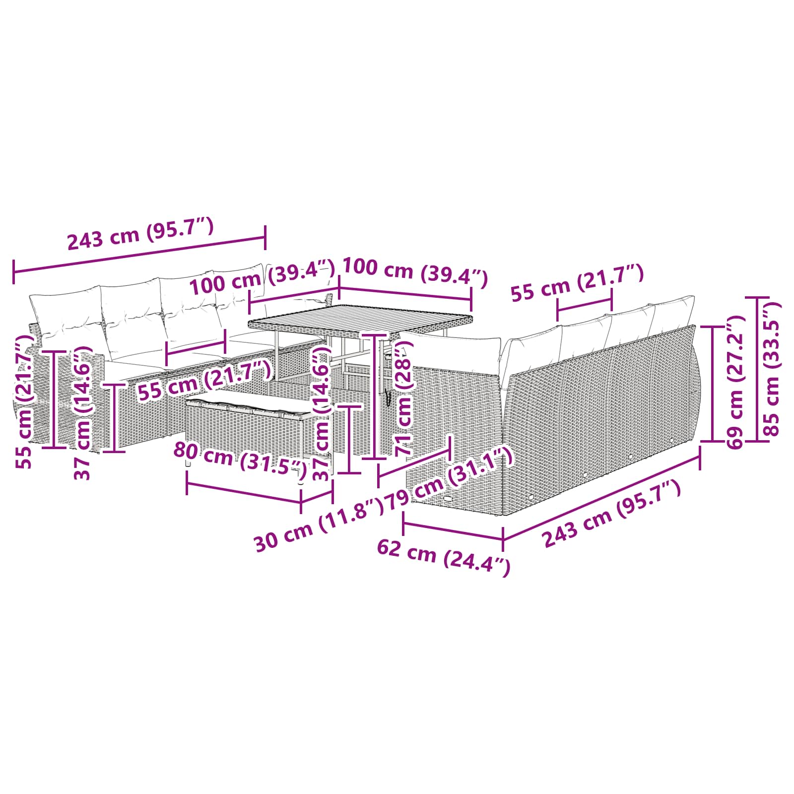 Gartensofa-set 11 stk. Schwarz Poly-Rattan
