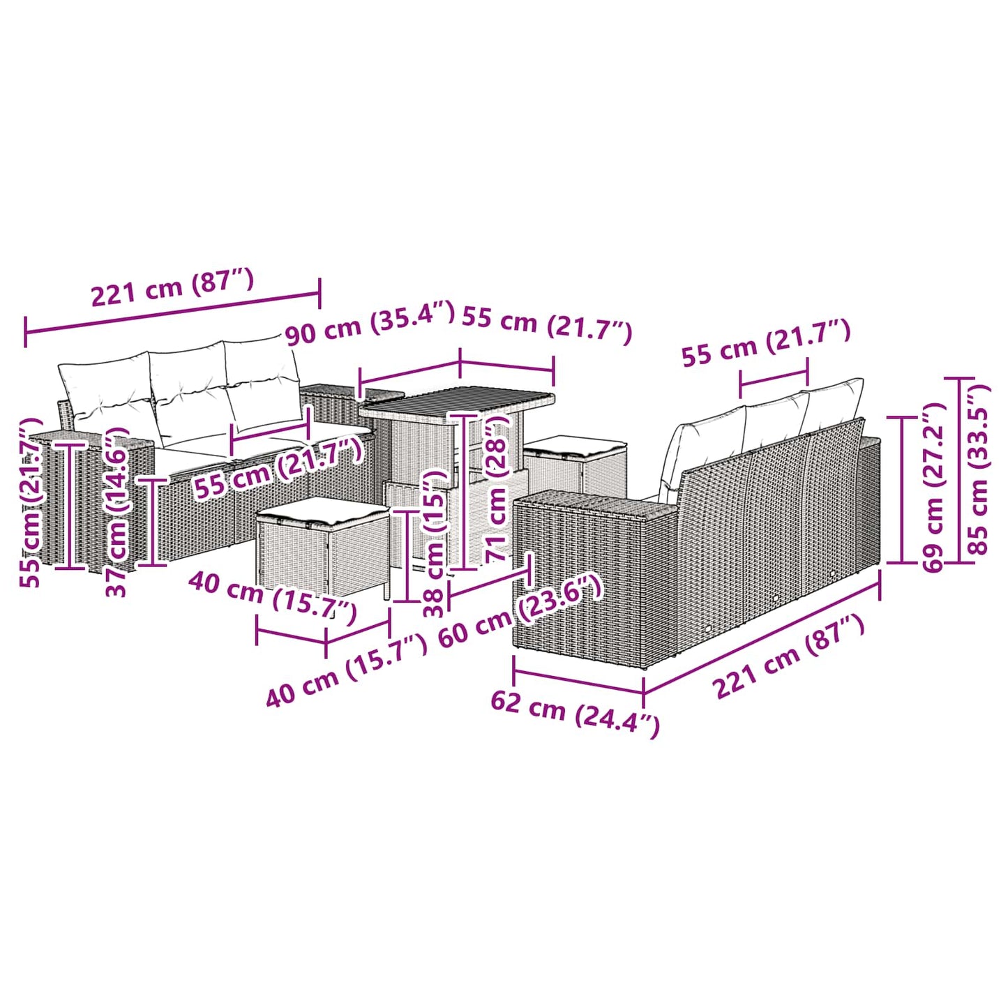 Gartensofa-set 9 stk. Schwarz Poly Rattan