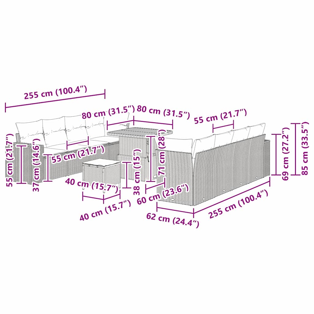 Gartensofa-set mit Kissen 11 pcs Beige Poly-Rattan