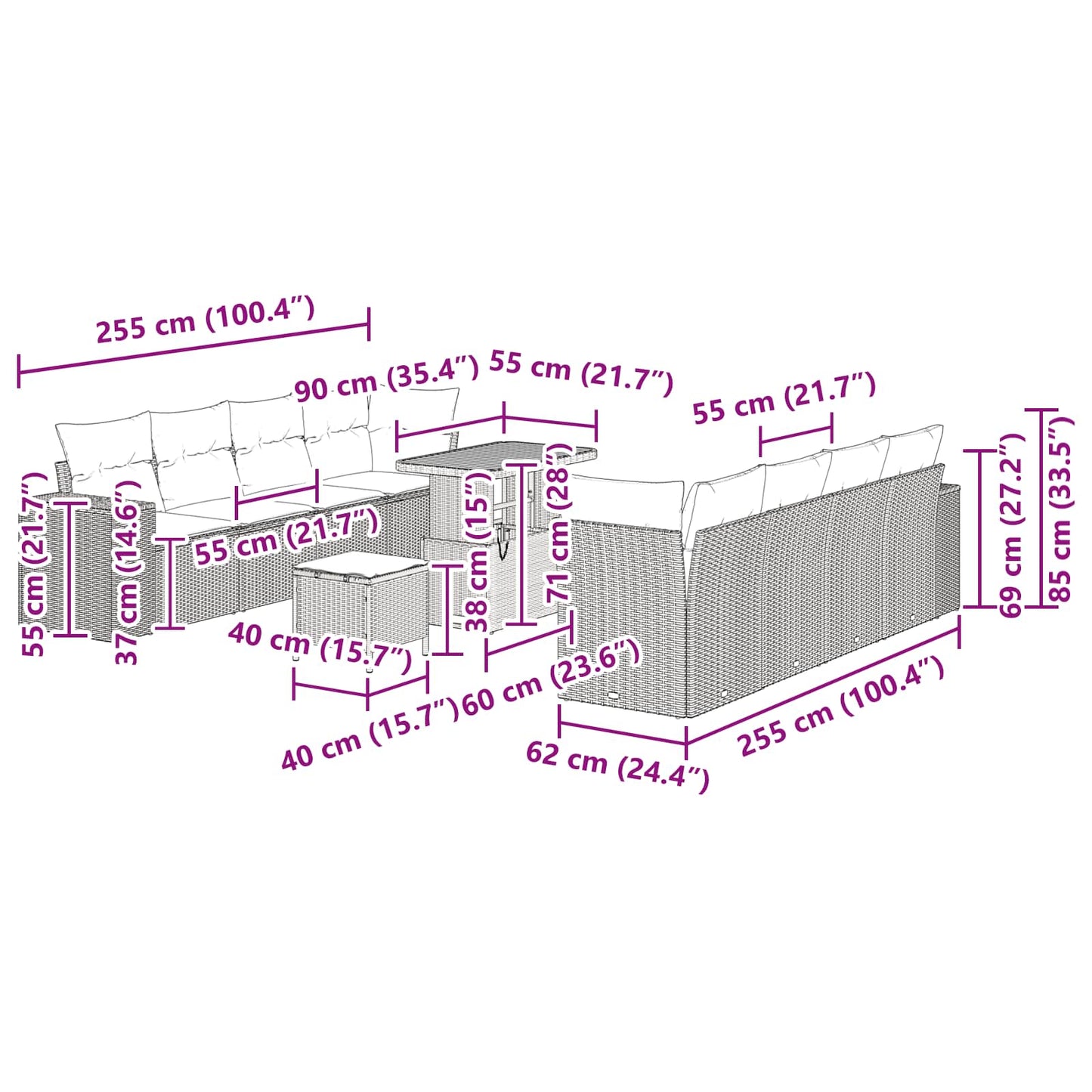 Gartensofa-set 11 stk. Schwarz Poly-Rattan