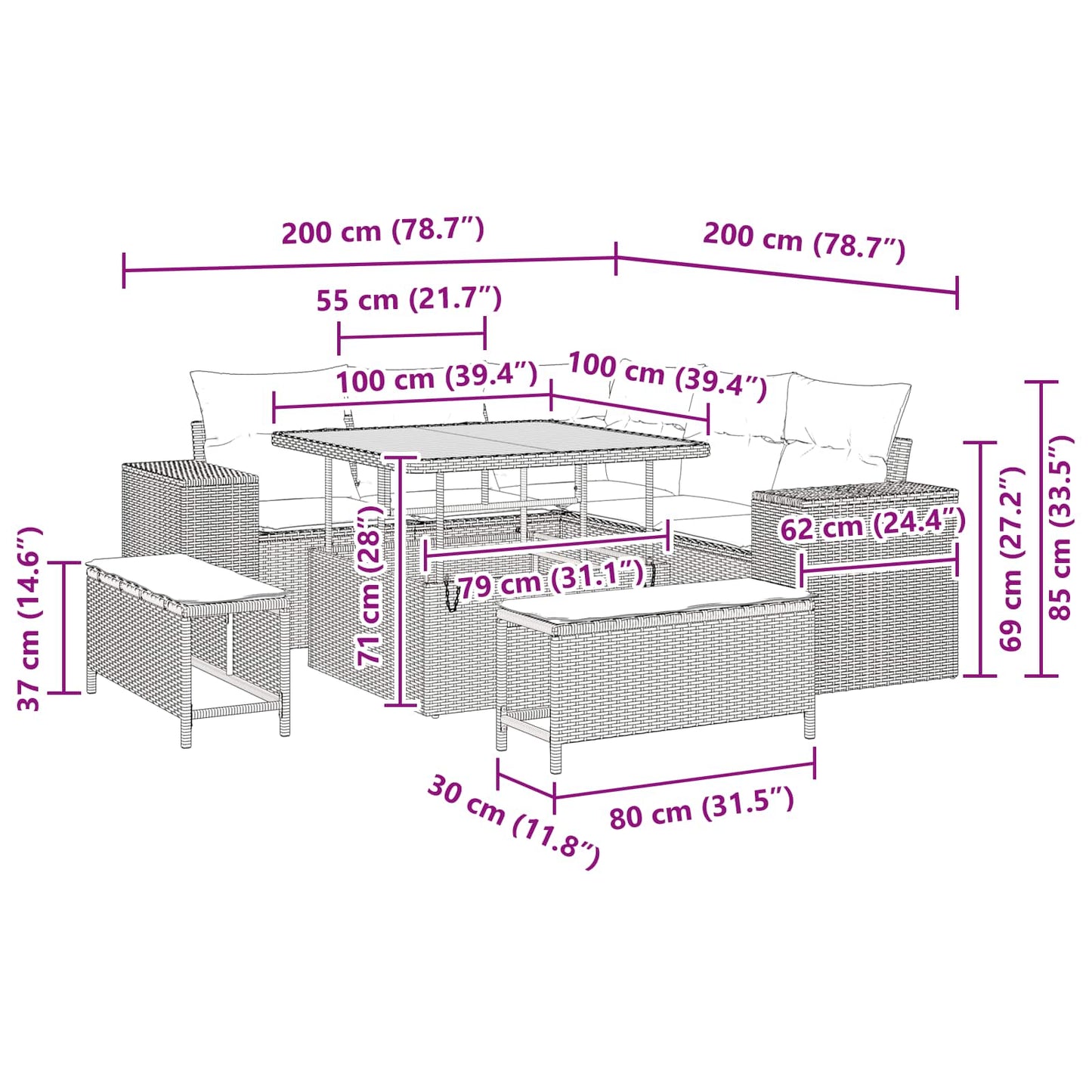 Gartensofa-set 8 stk. Schwarz Poly-Rattan