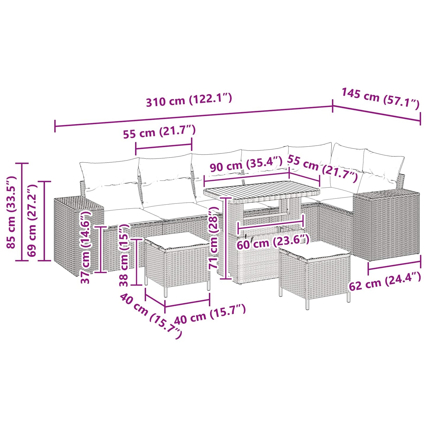 Gartensofa-set 9 stk. Schwarz Poly-Rattan