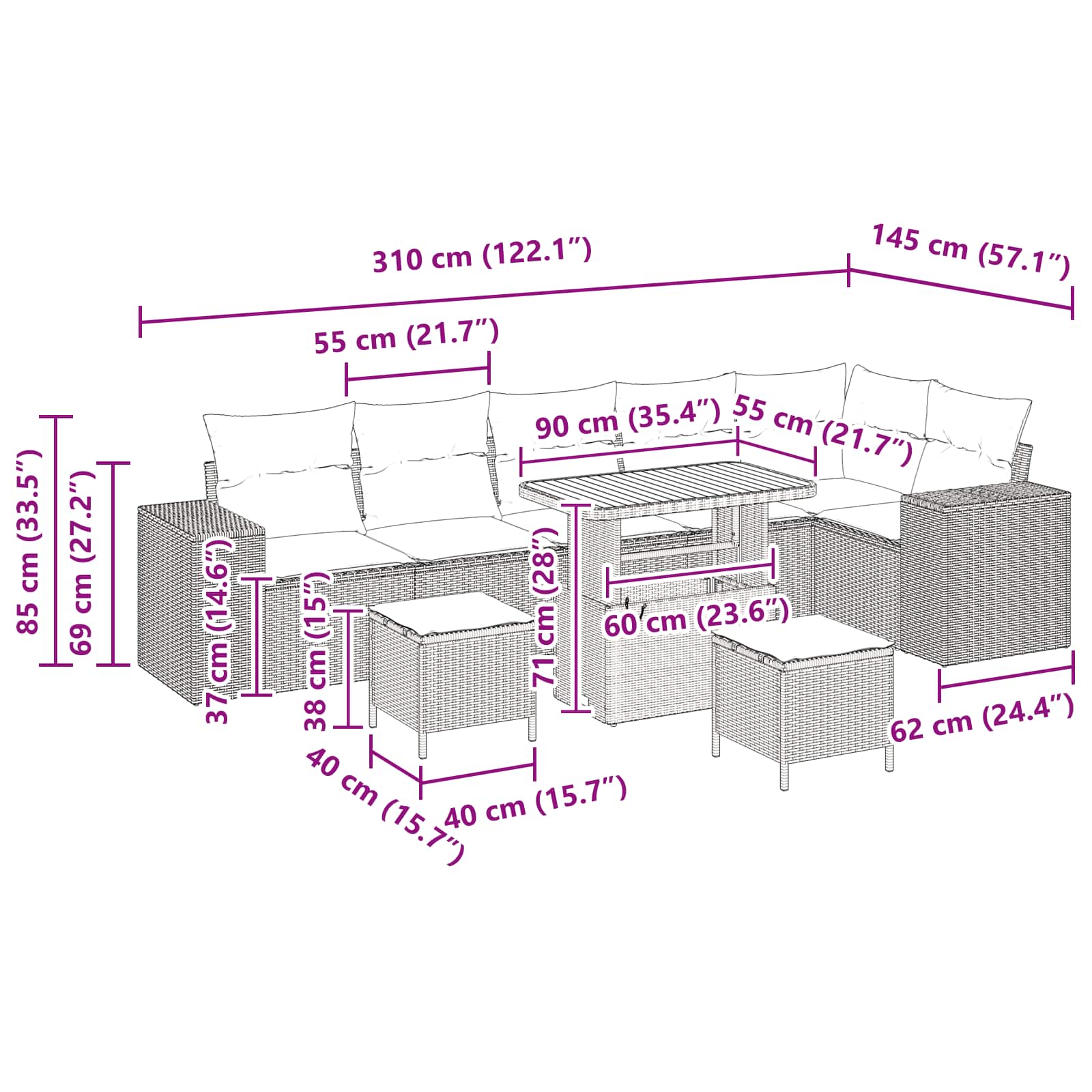 Gartensofa-set 9 stk. Schwarz Poly-Rattan