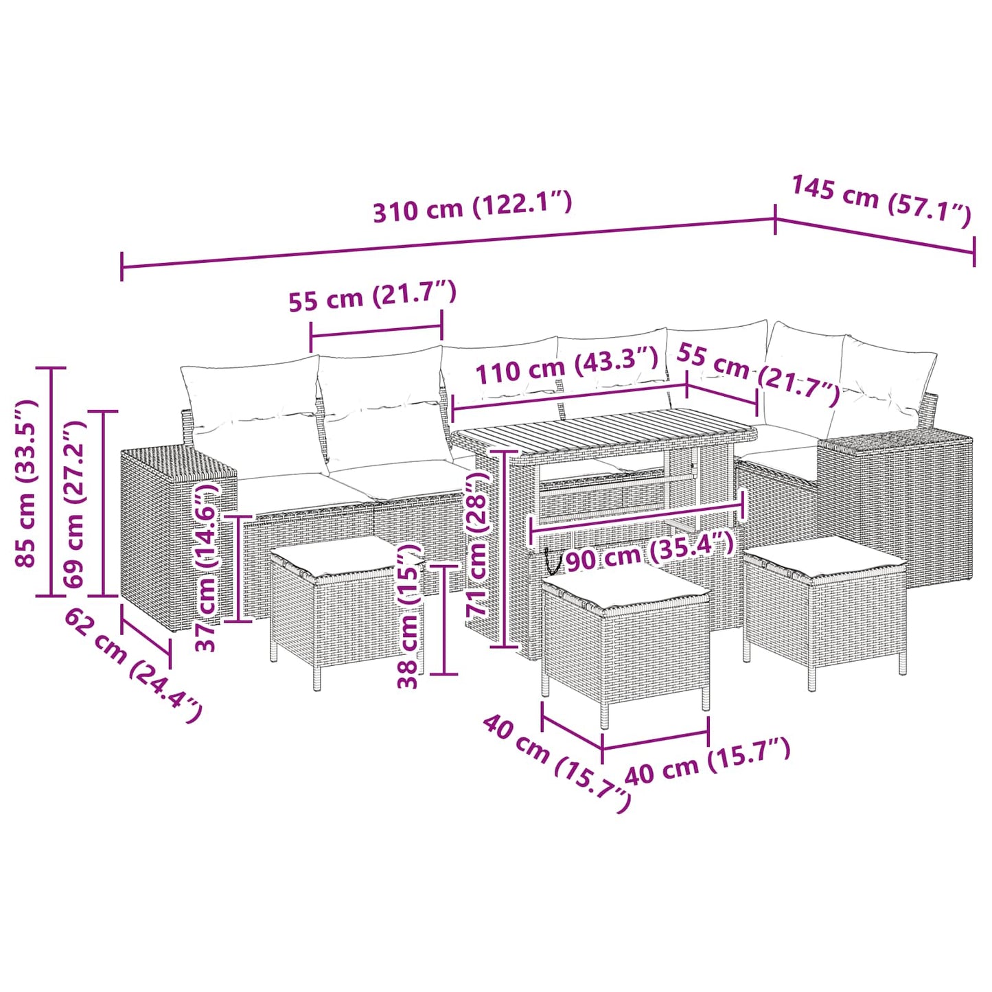 Gartensofa-set 10 Stk. Schwarz Poly-Rattan
