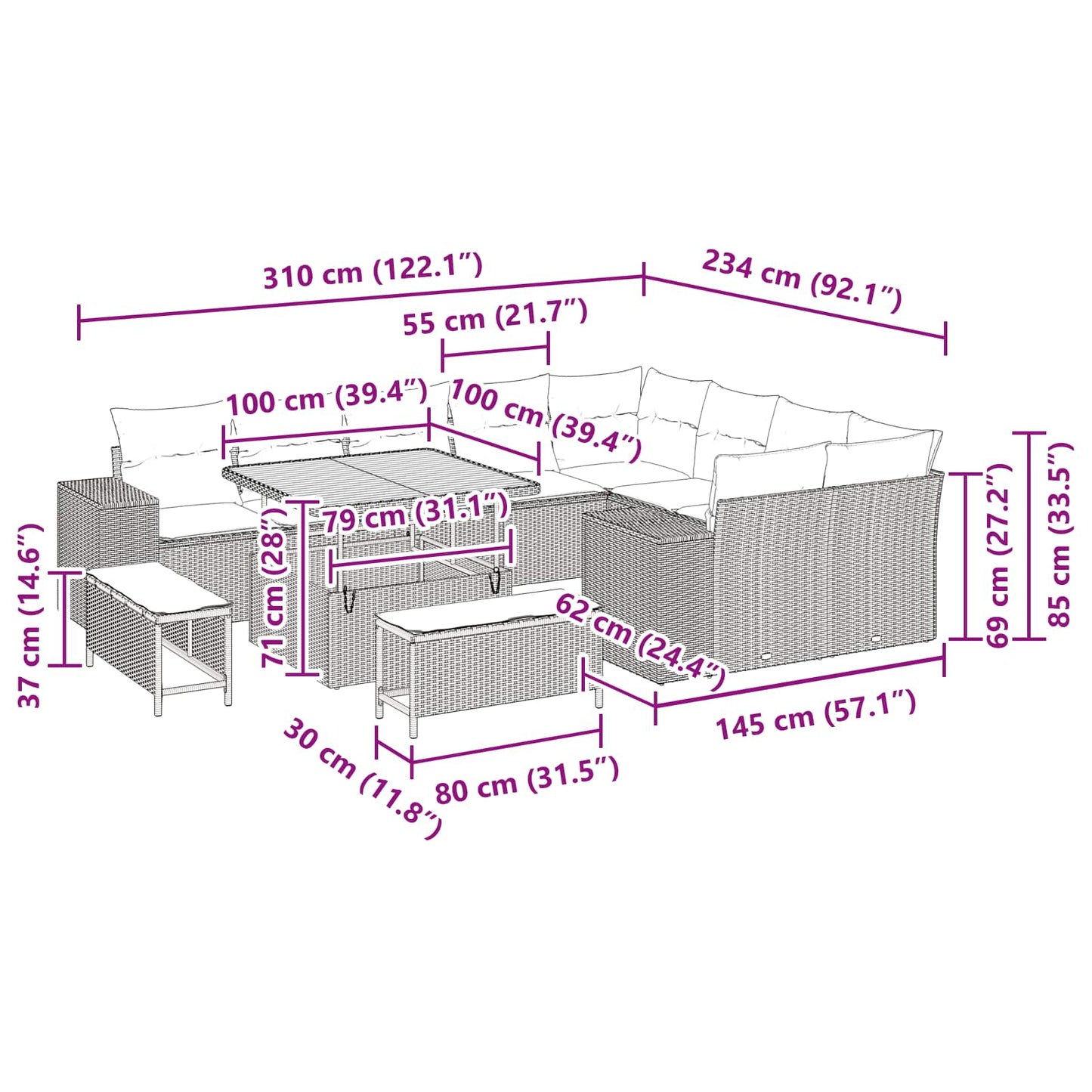 Gartensofa-set 12 stk. Schwarz Poly-Rattan
