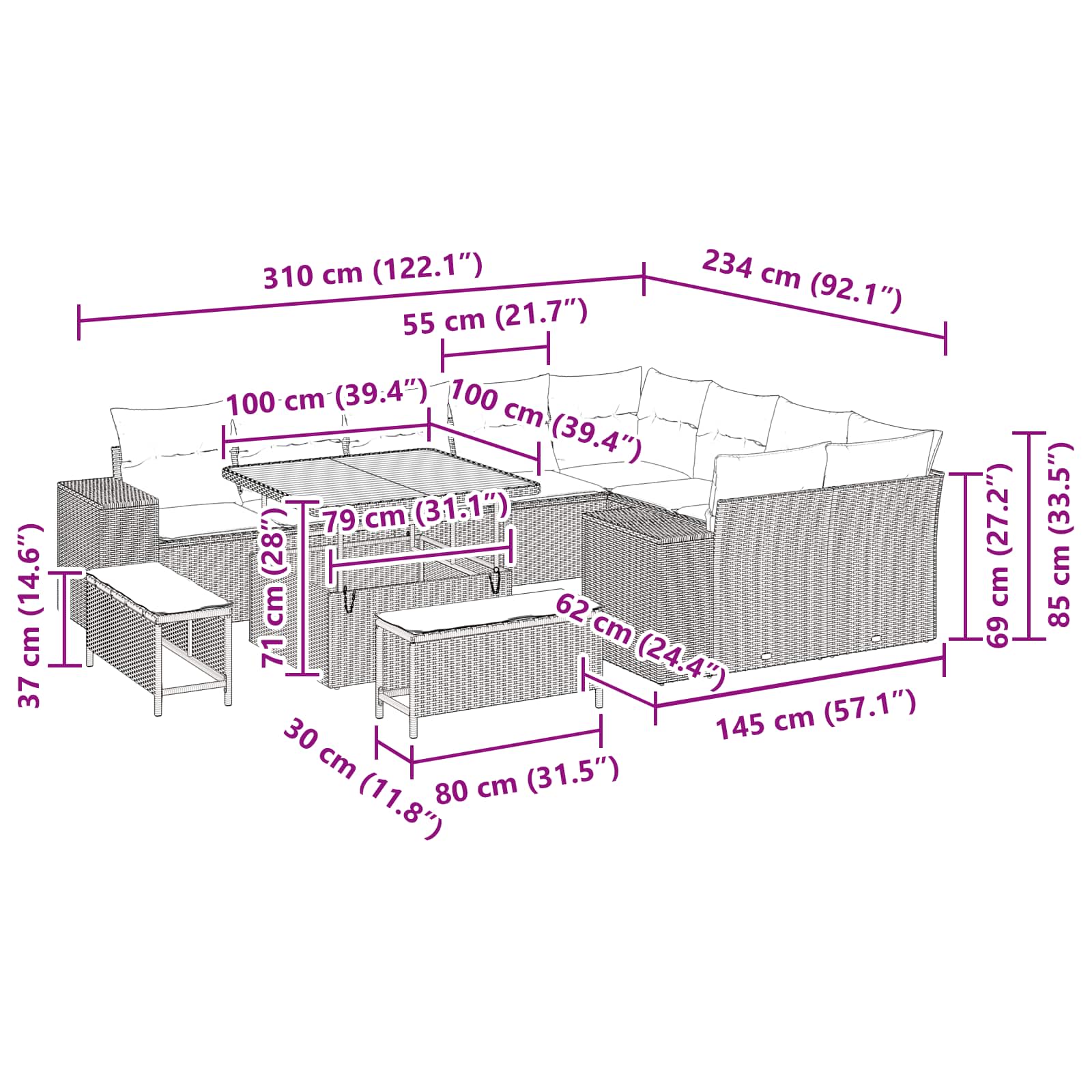Gartensofa-set 12 stk. Schwarz Poly-Rattan