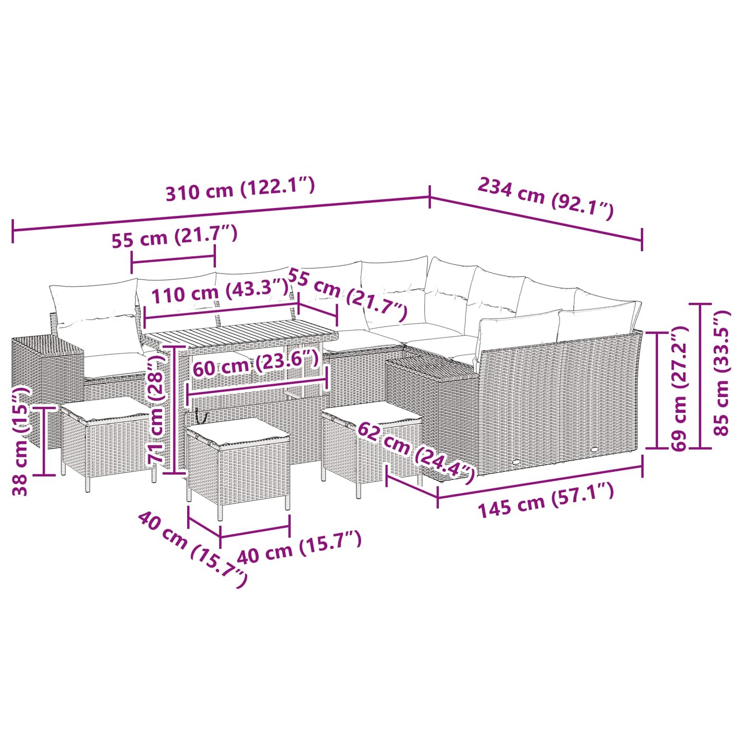 Gartensofa-set 13 stk. Schwarz Poly-Rattan
