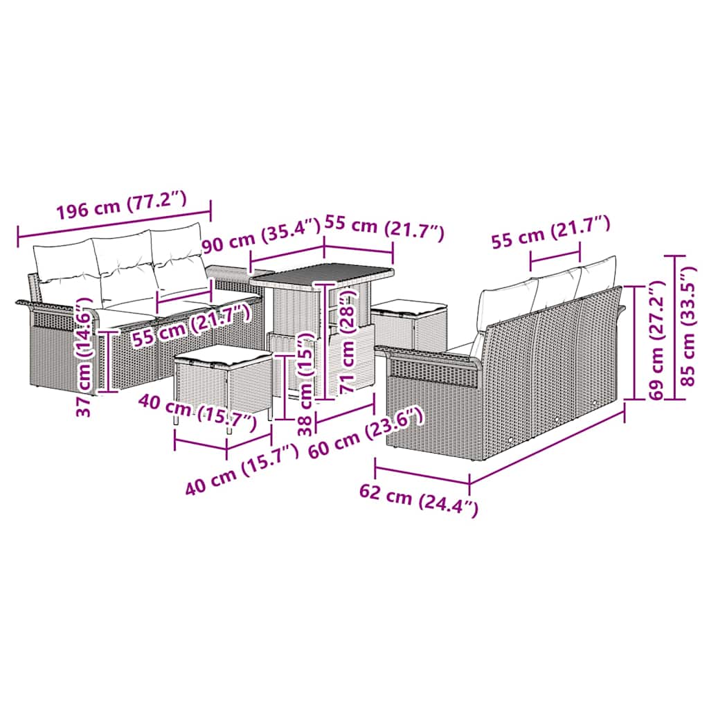 Gartensofa-set 9 stk. Schwarz Poly-Rattan