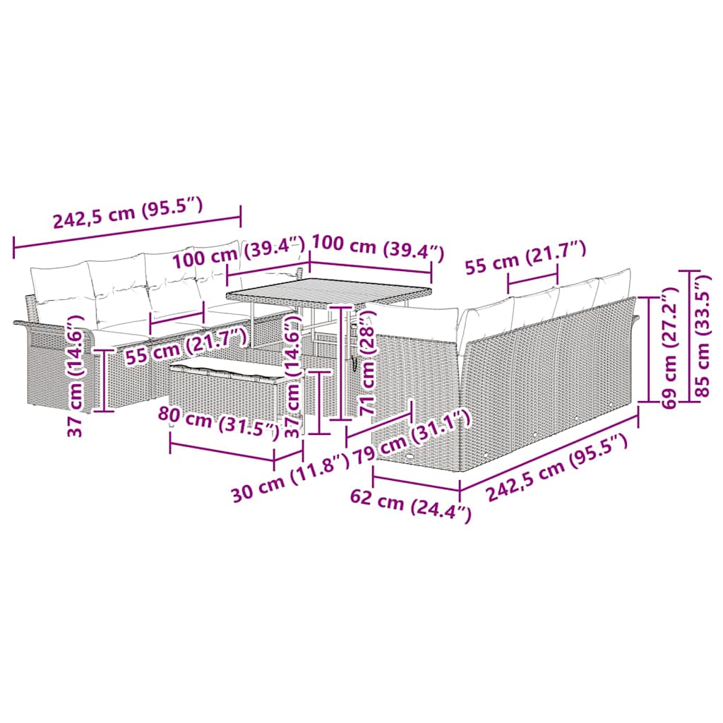 Gartensofa-set 11 stk. Schwarz Poly-Rattan