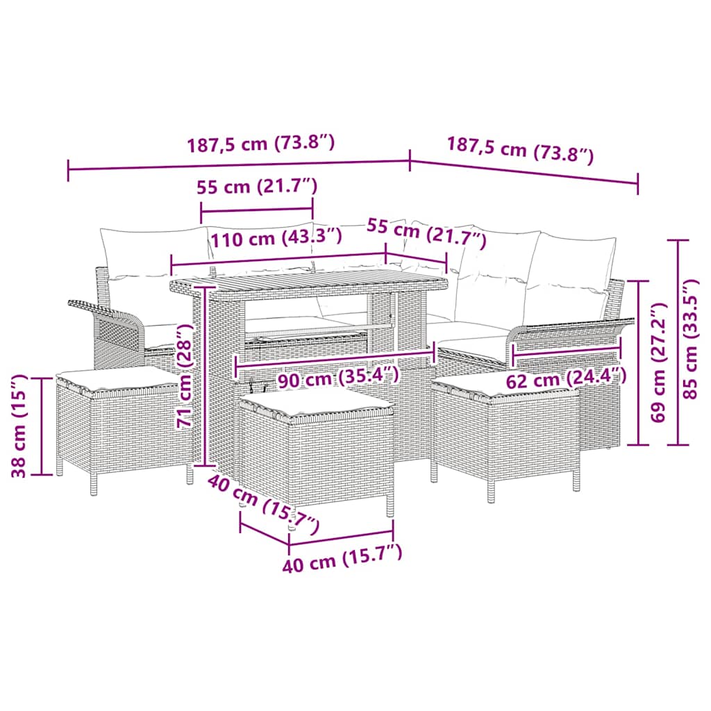 Gartensofa-set 9 stk. Schwarz Poly-Rattan