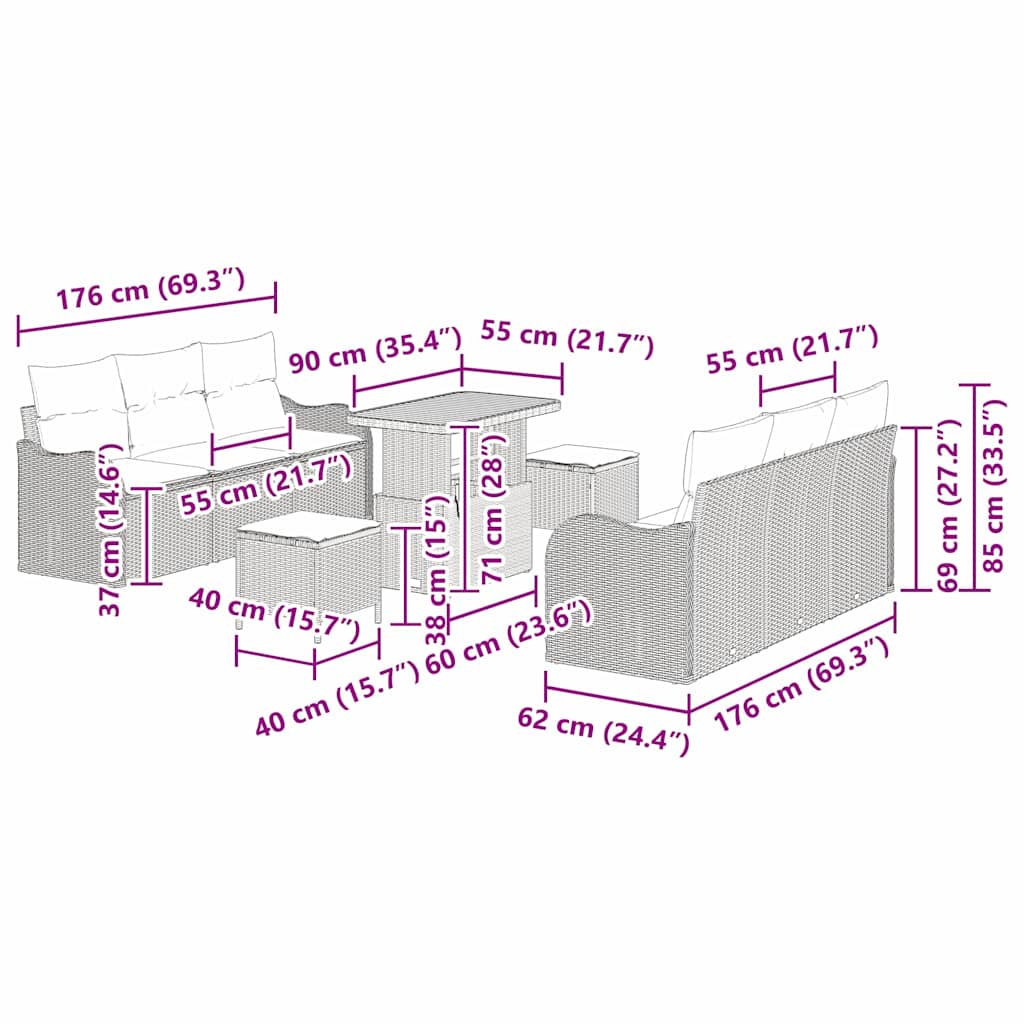 Gartensofa-set 9 stk. Schwarz Poly-Rattan