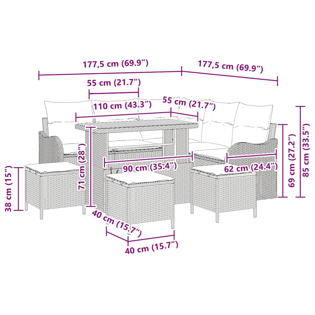 Gartensofa-set 9 stk. Schwarz Poly-Rattan